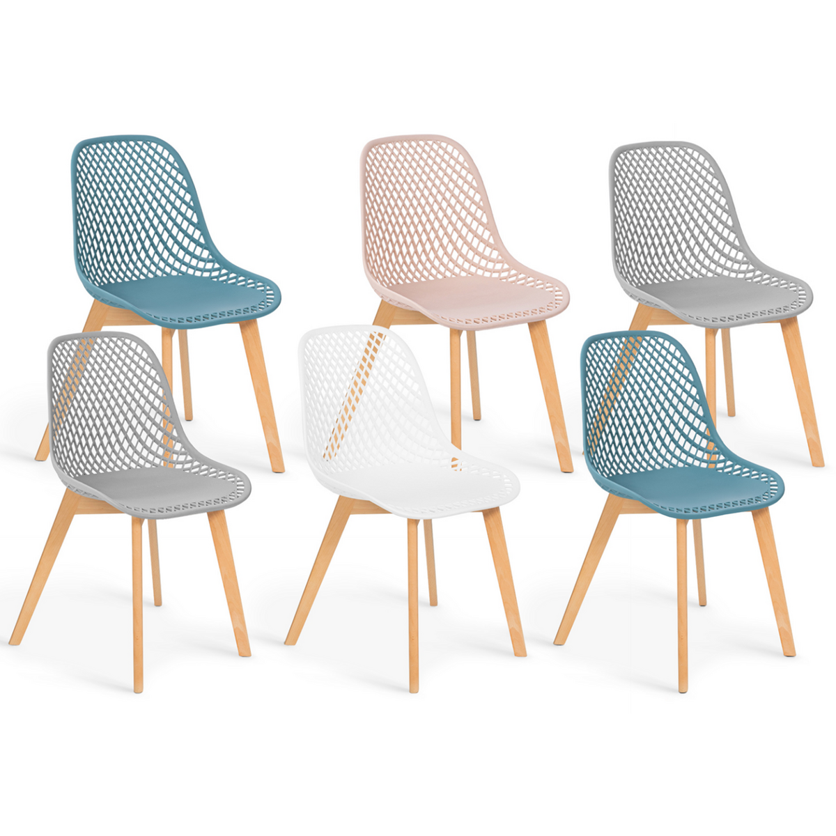 ID MARKET Lot de 6 chaises MANDY mix color pastel rose, blanc, gris clair x2, bleu x2