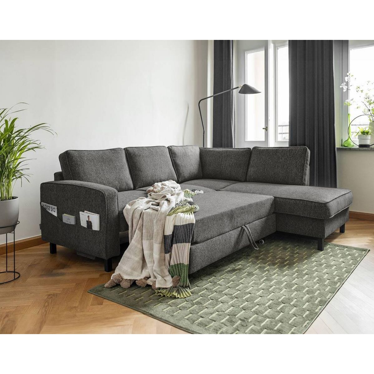 BEST MOBILIER Molly - canapé d'angle droit 5 places convertible en tissu