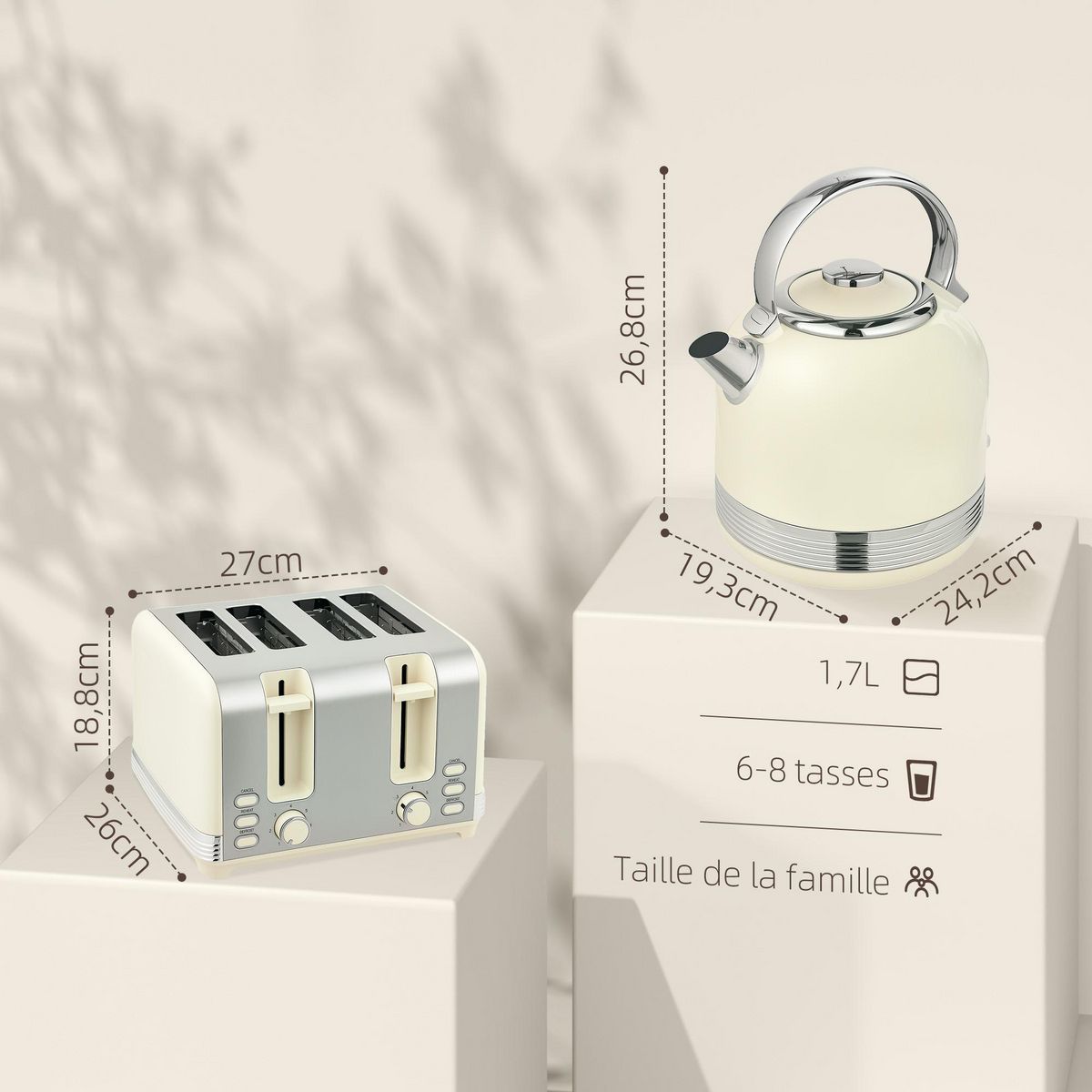 HOMCOM Ensemble bouilloire et grille-pain Vintage - 1,7L 2200W - 4 tranches, brunissage 7 niv. - crème