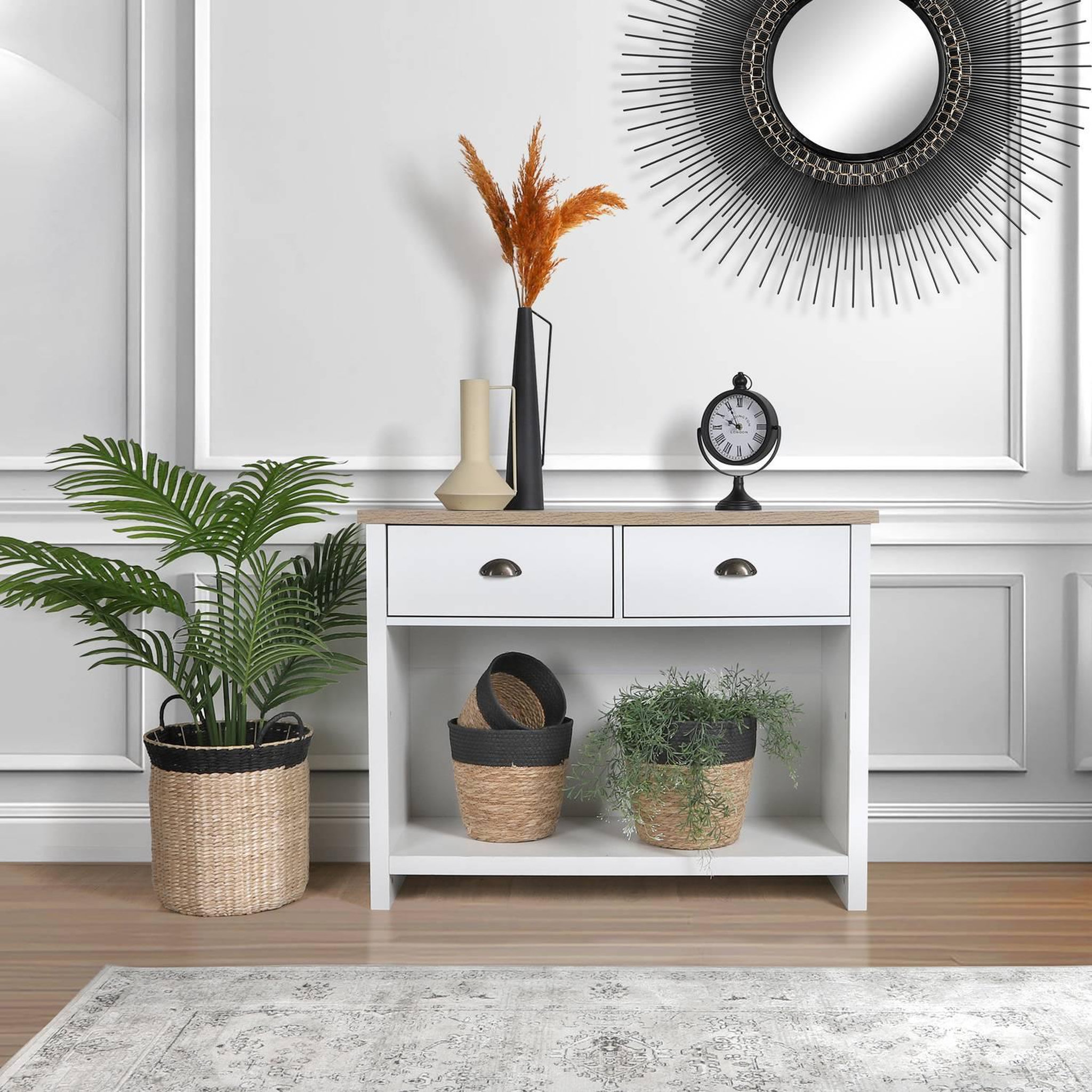 Voir la diapositive 2 : DIVERS Console 2 tiroirs et 1 niche de rangement en bois hanoi - blanc