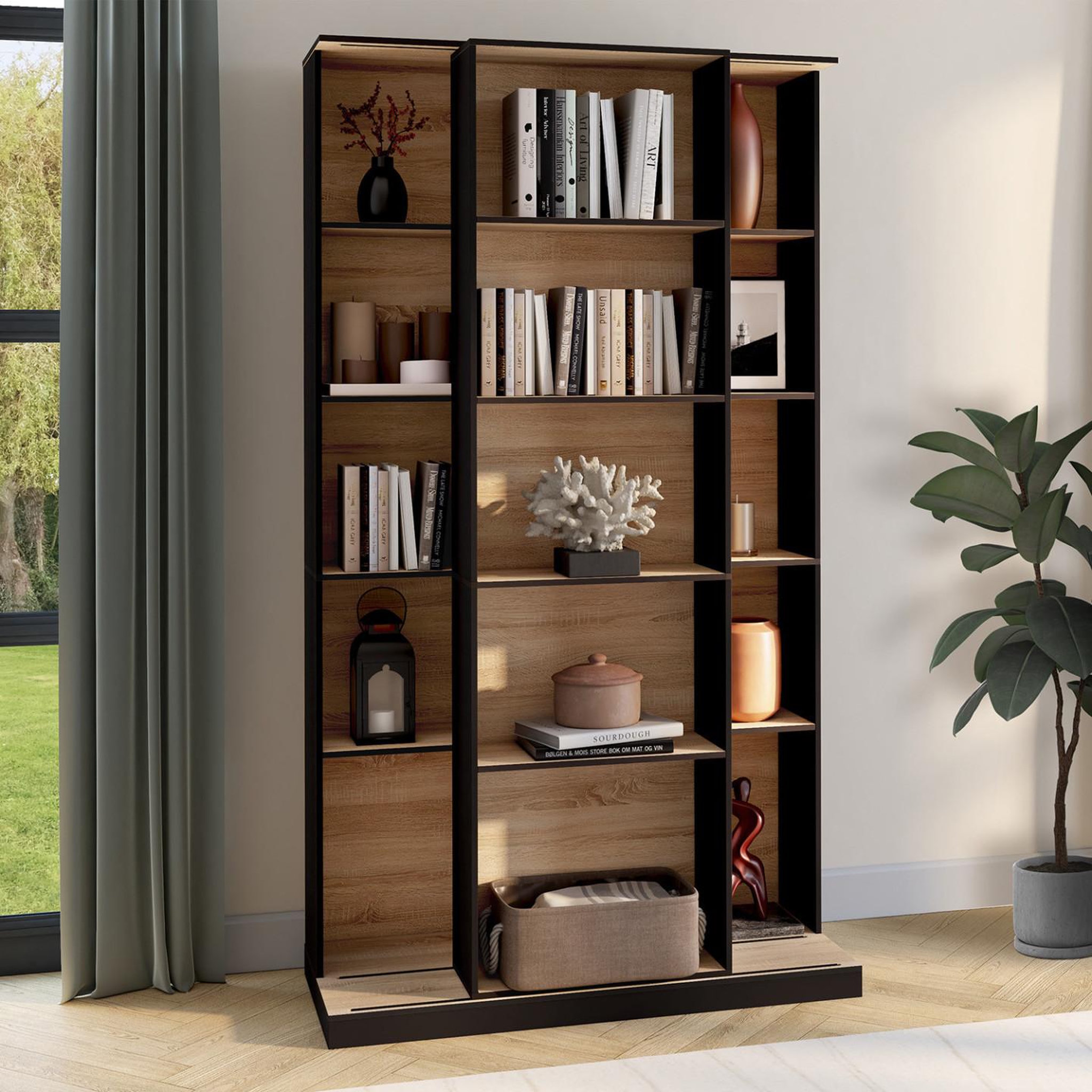 Voir la diapositive 2 : ID MARKET Bibliothèque coulissante alphonse 5 niveaux 15 niches bois et noir