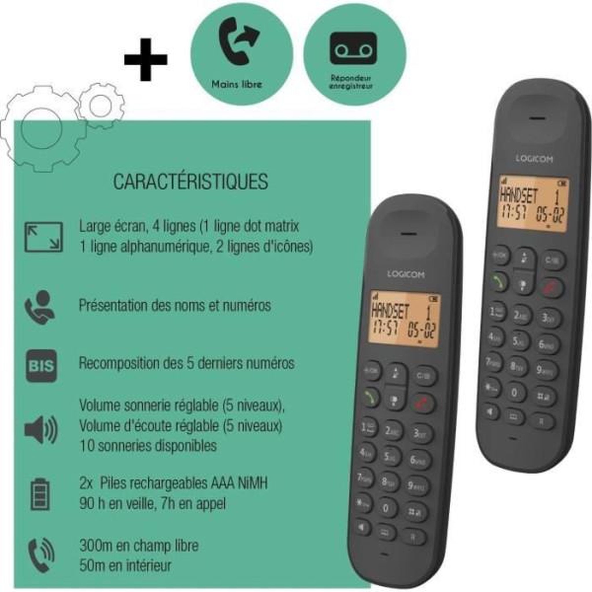 Voir la diapositive 6 : Logicom Téléphone fixe sans fil - LOGICOM - DECT ILOA 255T DUO - Noir - Avec répondeur
