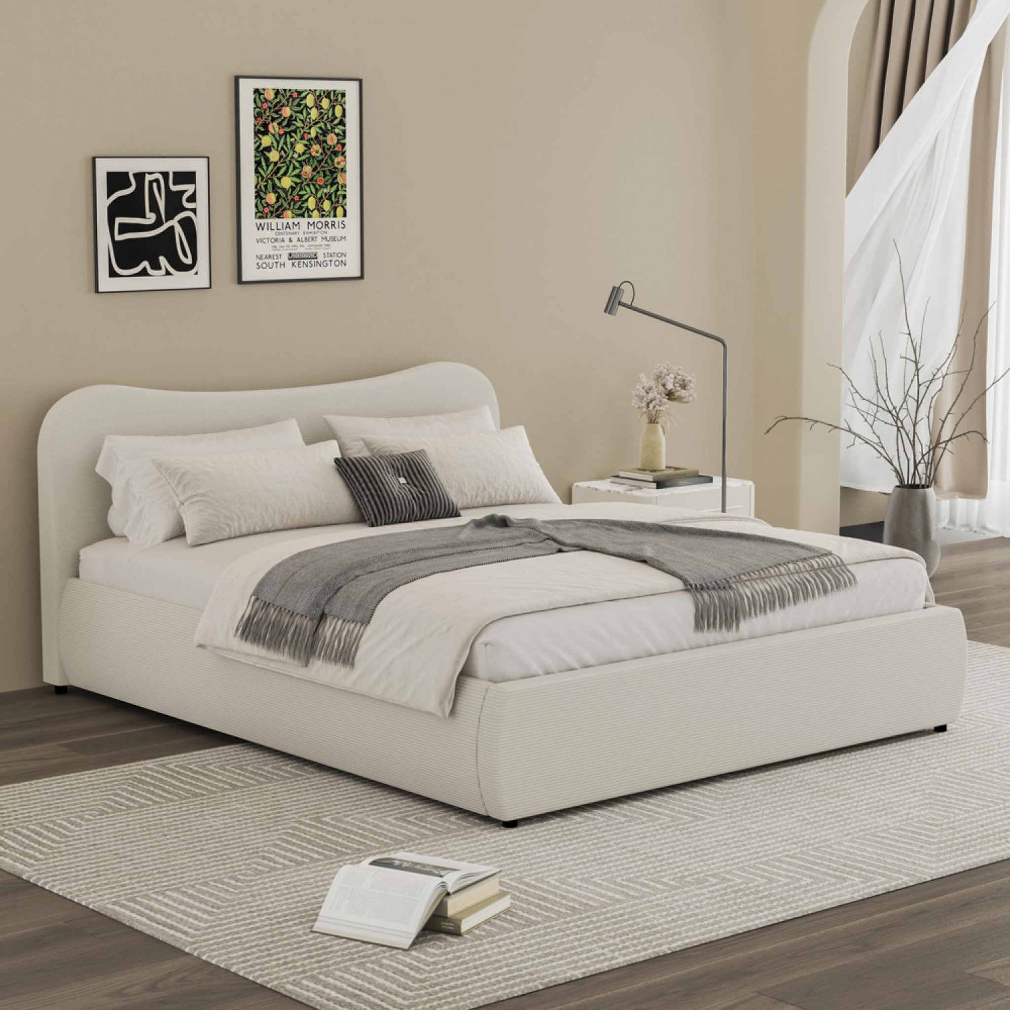 Voir la diapositive 4 : CONCEPT USINE Lit coffre 160x200cm design arrondi velours côtelé beige plano