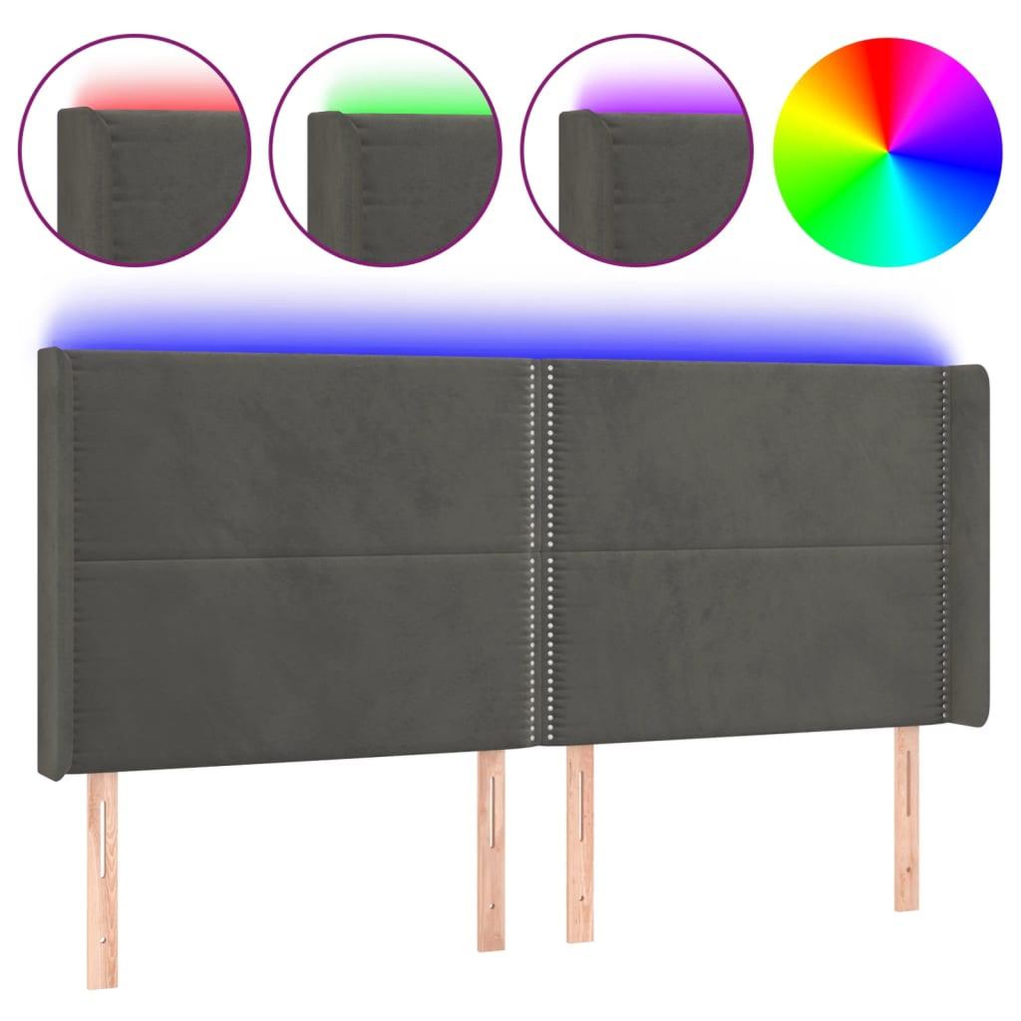 Voir la diapositive 2 : VIDAXL Tete de lit a LED Gris fonce 203x16x118/128 cm Velours