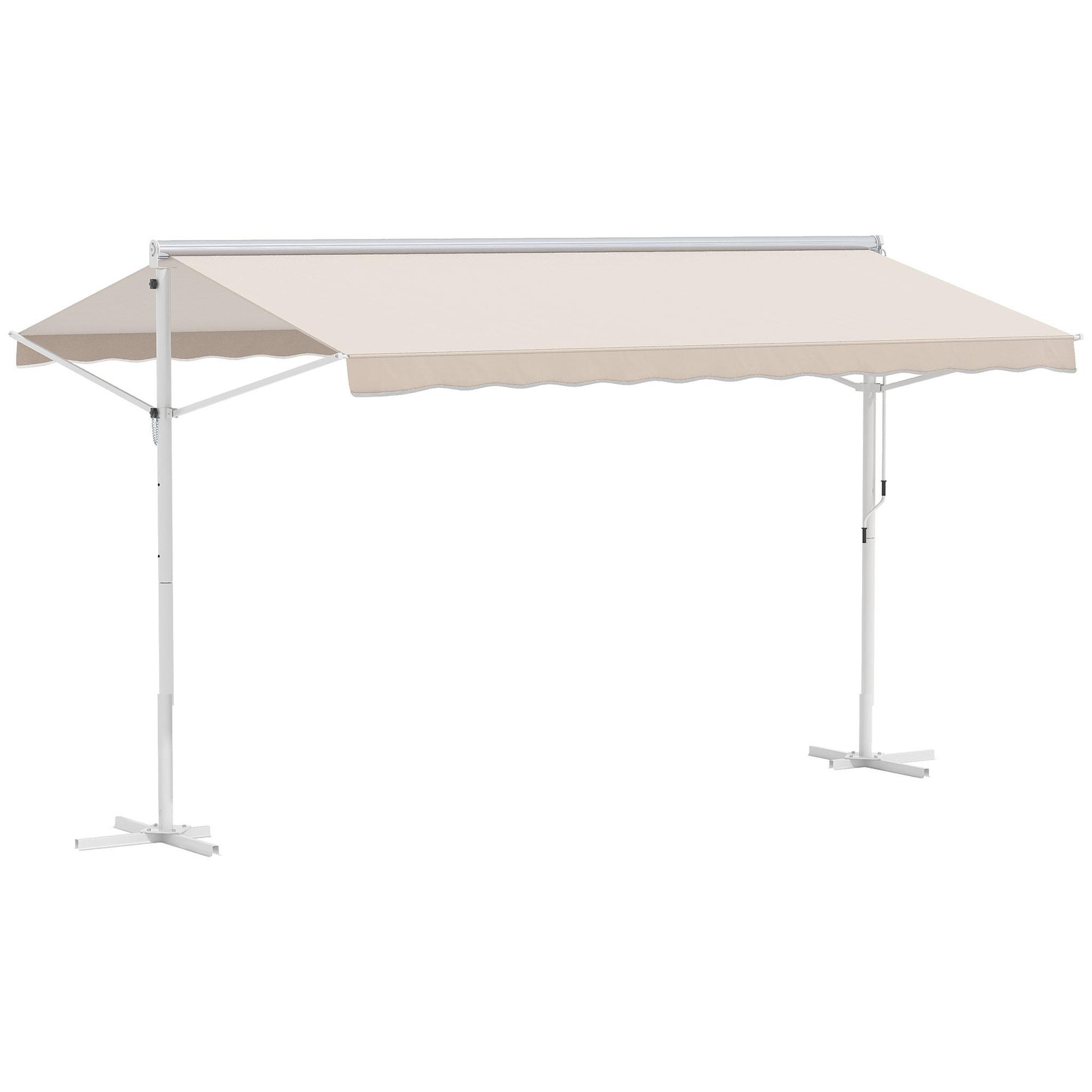 Voir la diapositive 1 : OUTSUNNY Store double pente manuel rétractable inclinaison réglable métal époxy blanc polyester imperméabilisé anti-UV beige dim. 3,95L x 2,98l x 2,55H m