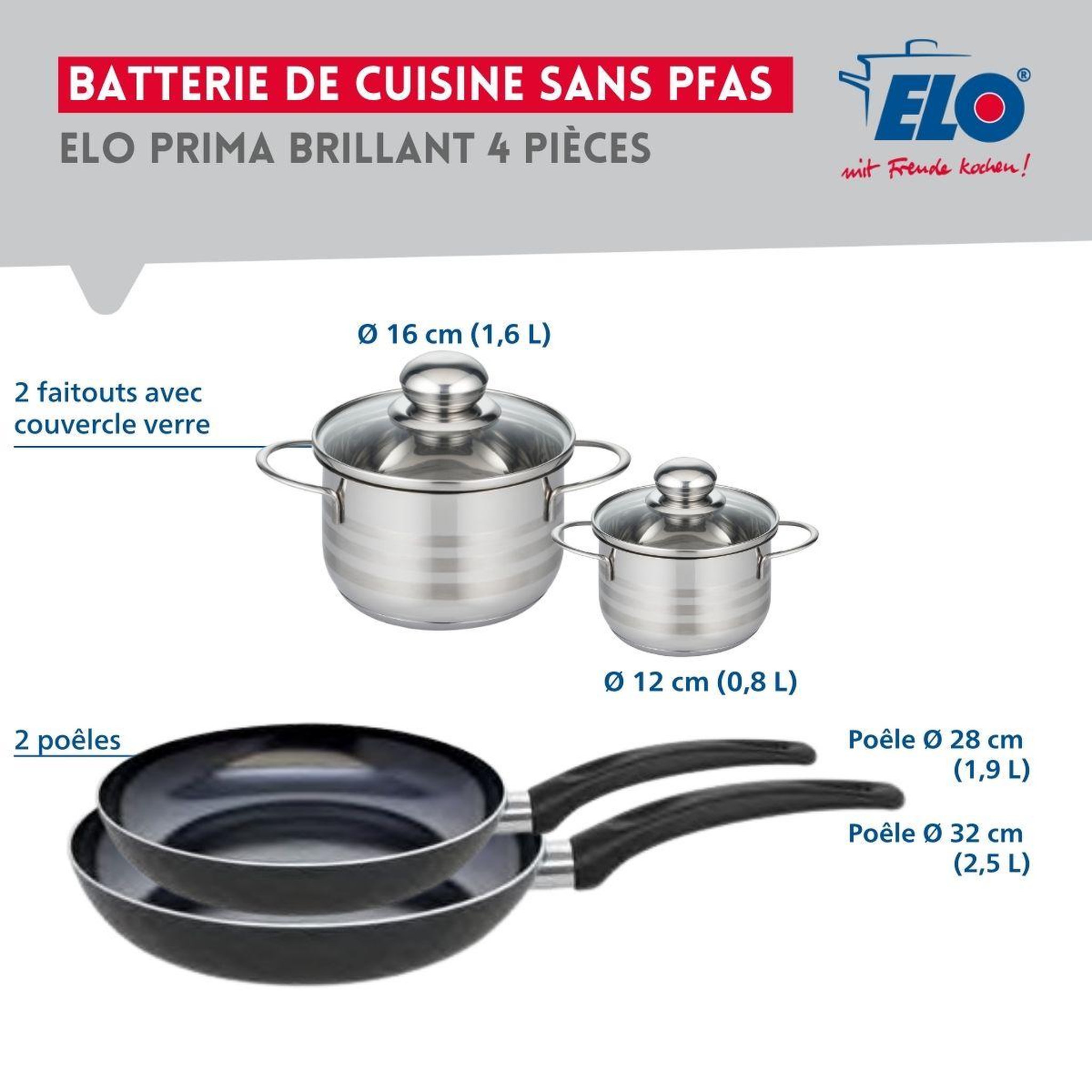Voir la diapositive 2 : ELO Ensemble de 2 poêles de cuisson 28 et 32 cm et 2 faitouts 12 et 16 cm elo prima brillant