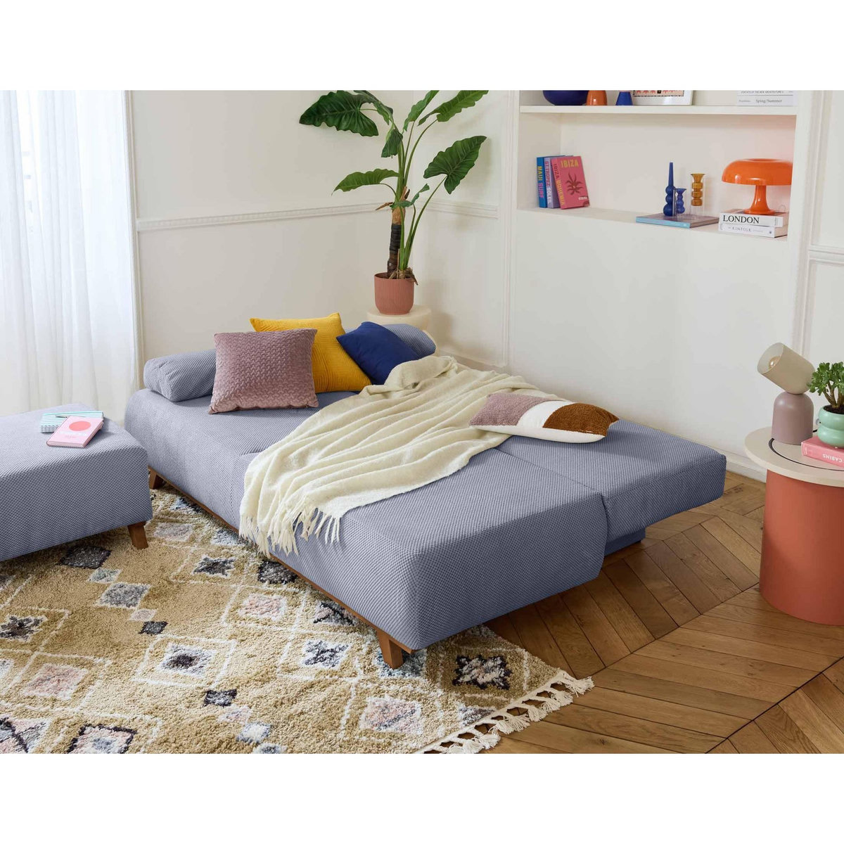 BEST MOBILIER Cristal - canapé 3 places - convertible avec coffre et pouf - en velours texturé