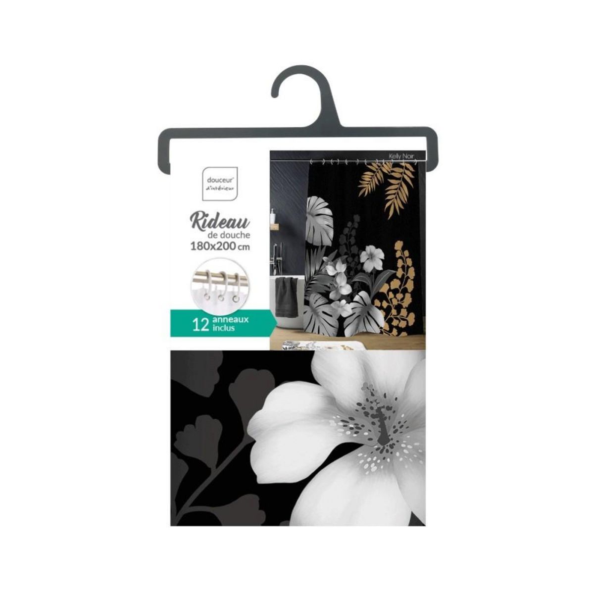 Douceur d'Intérieur Rideau de douche 180x200 KELLY Noir avec 12 anneaux