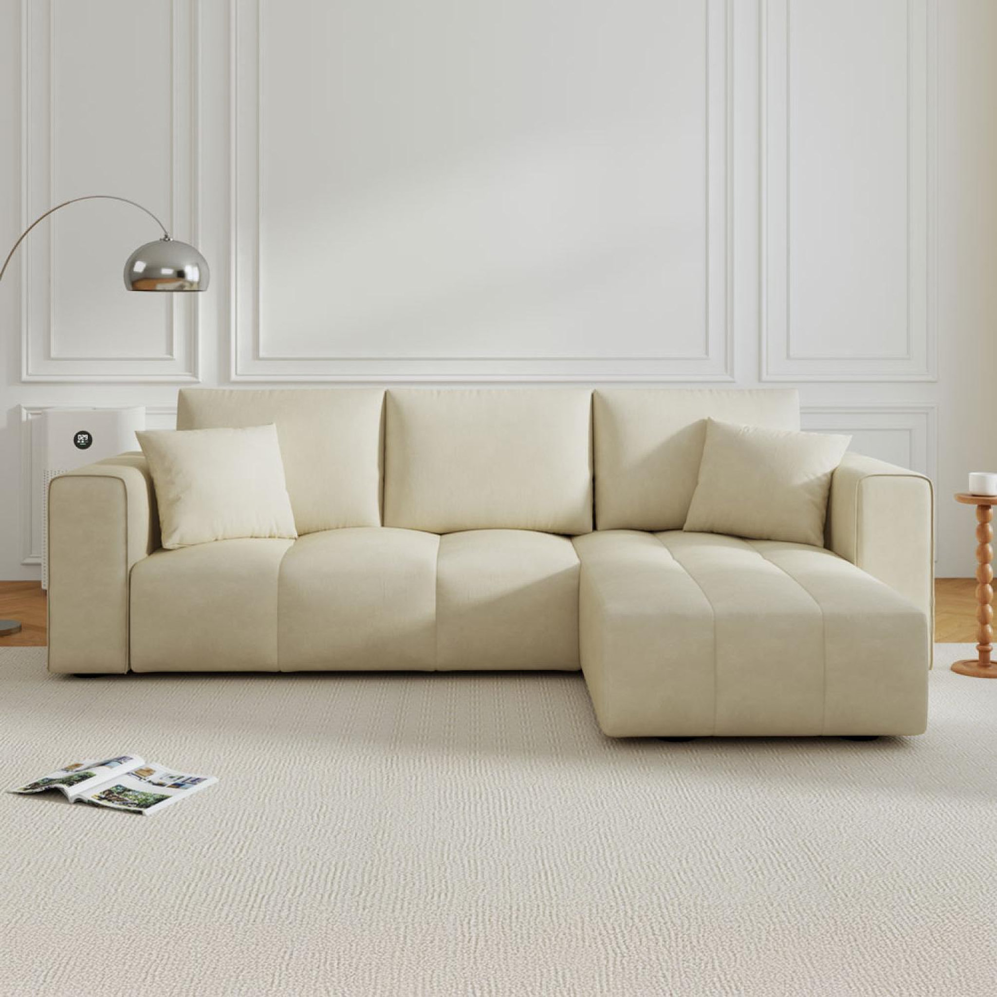 Voir la diapositive 2 : CONCEPT USINE Canapé d'angle convertible 4 places avec coffre en velours beige brighton