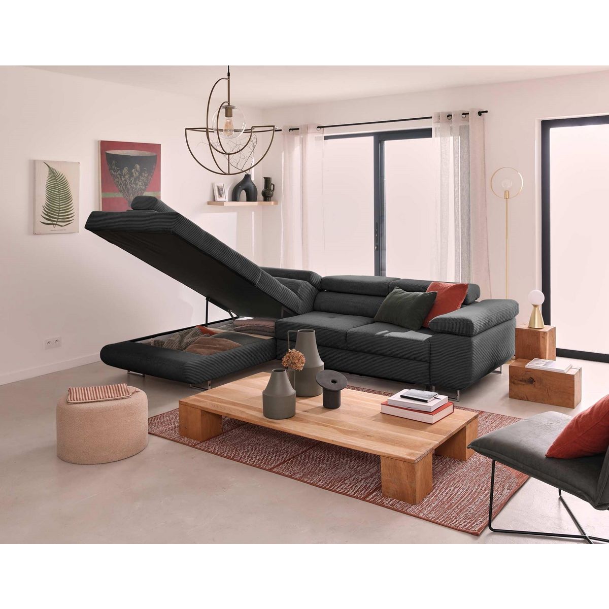 BEST MOBILIER Zaria - canapé d'angle gauche - convertible avec coffre et têtières réglables - 5 places - en velours côtelé