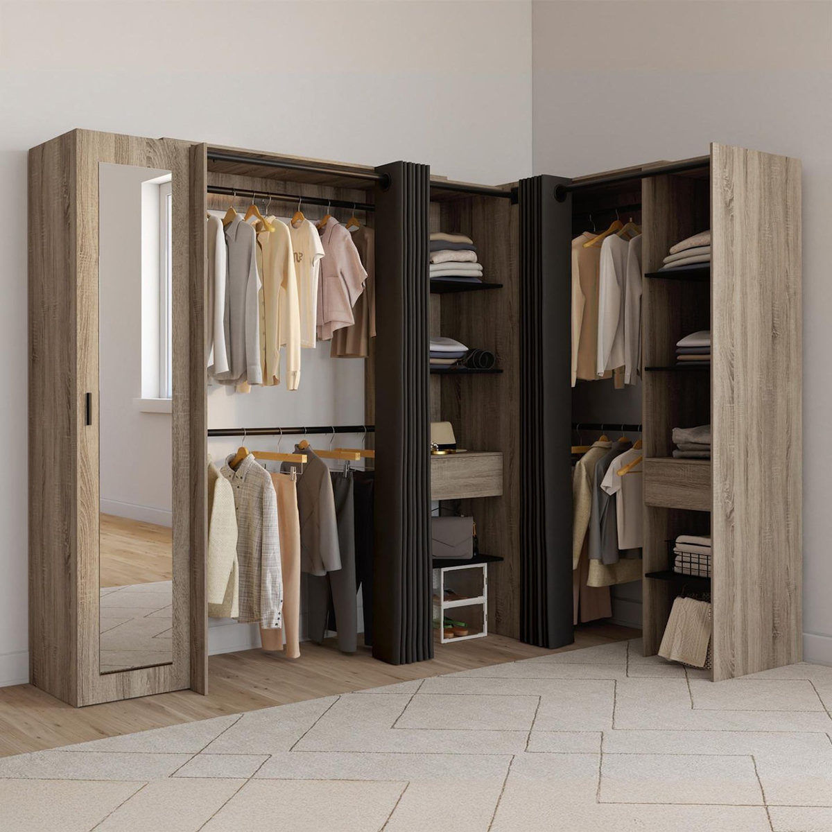 ID MARKET Dressing extensible d'angle MARLON 230 x 140 x 180 cm cm hêtre avec penderies + étagères + miroir + rideaux noirs