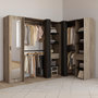 Voir la diapositive 2 : ID MARKET Dressing extensible d'angle MARLON 230 x 140 x 180 cm cm hêtre avec penderies + étagères + miroir + rideaux noirs
