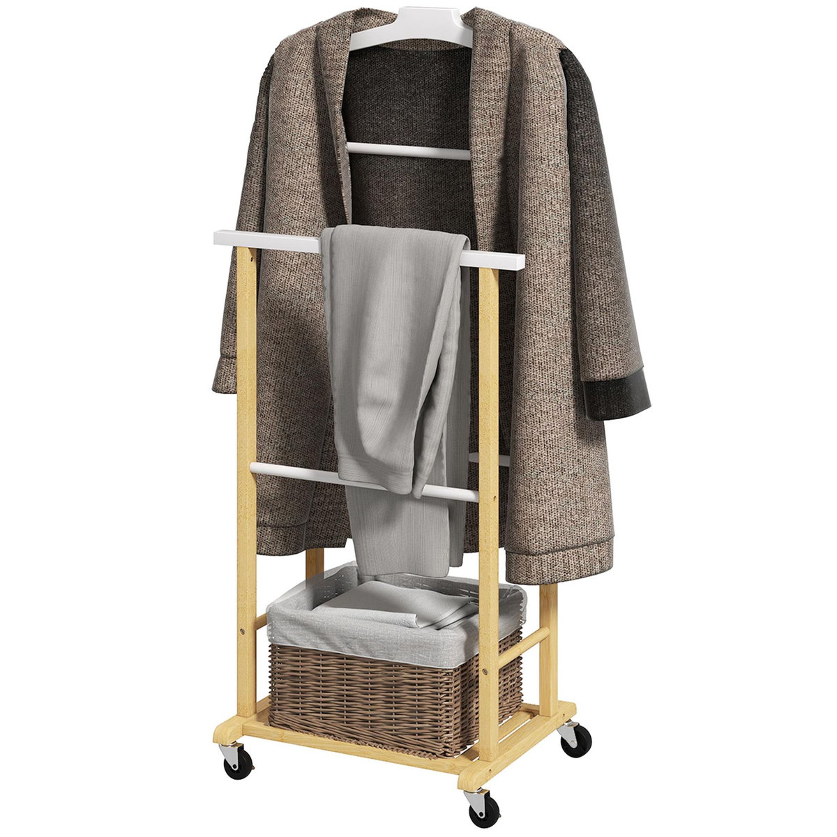 HOMCOM Valet de chambre mobile bois bambou avec portant et étagère