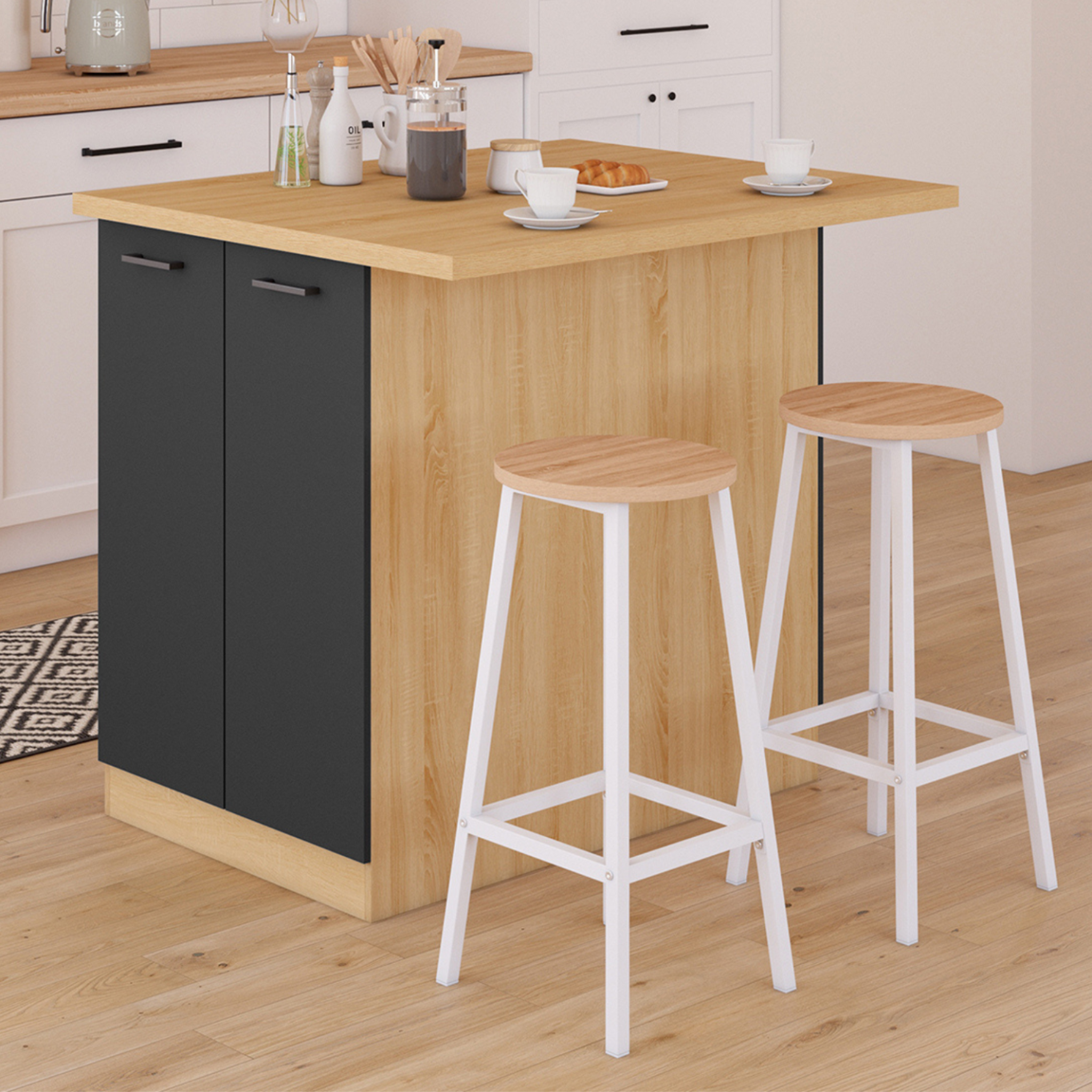 Voir la diapositive 2 : ID MARKET Ilot central ivo 100 cm bois façon hêtre portes noires avec plan de travail