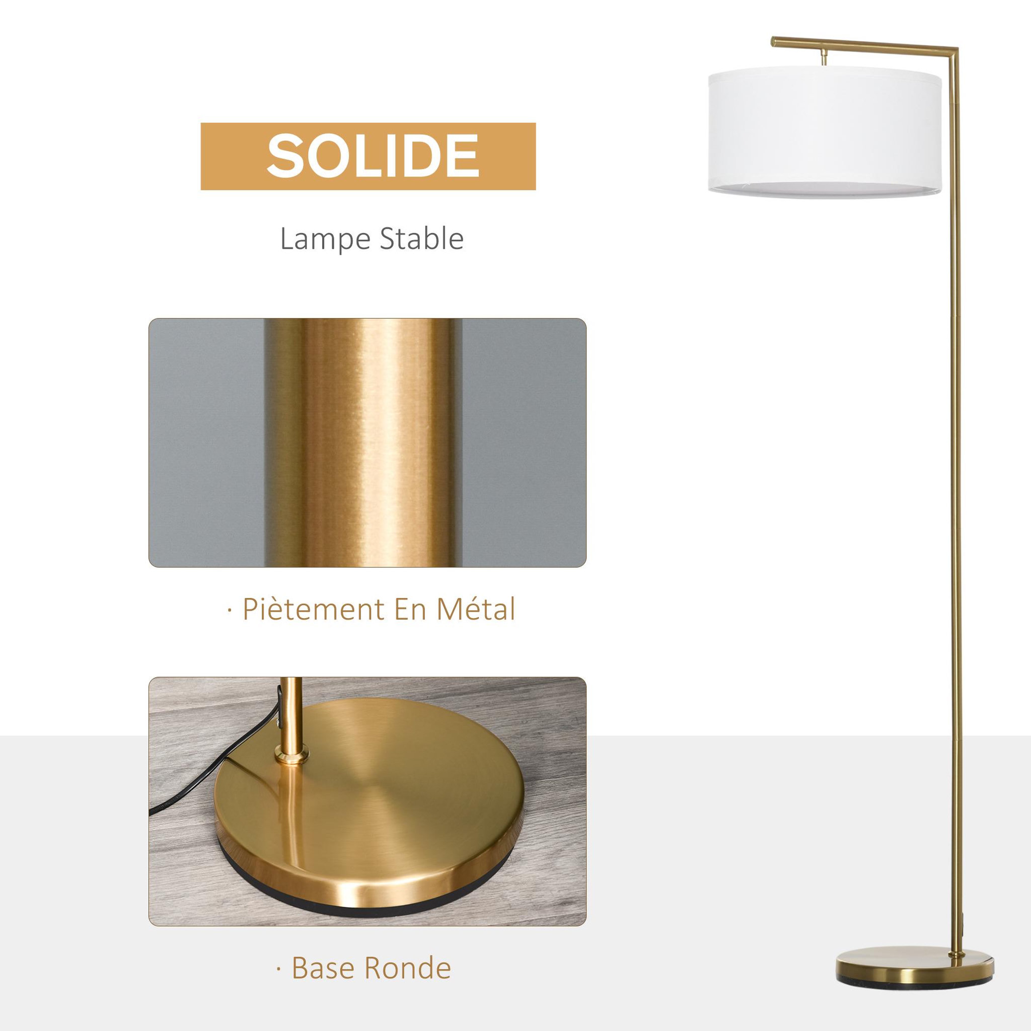 Voir la diapositive 5 : HOMCOM Lampadaire design néo-rétro max. 40 w 153h cm abat-jour circulaire aspect lin blanc piètement structure métal doré
