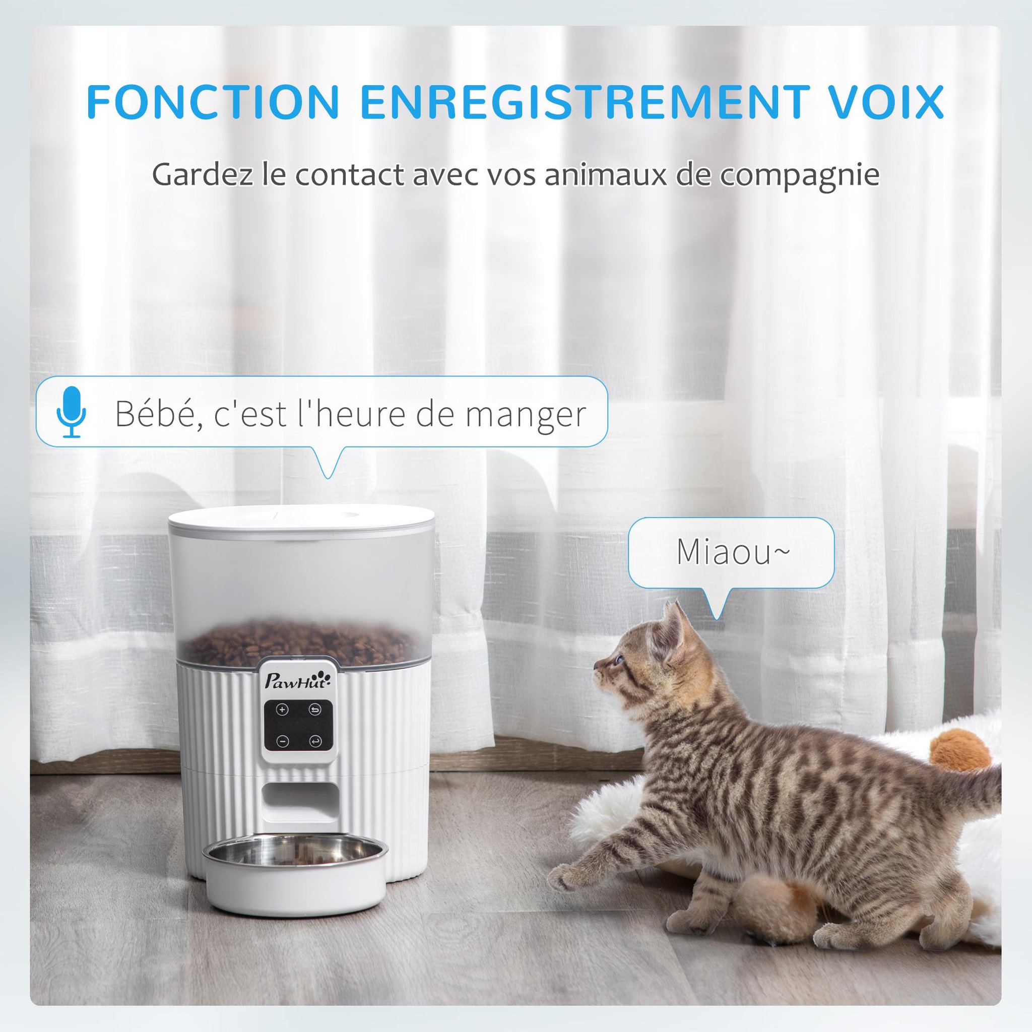 Voir la diapositive 5 : PAWHUT Distributeur de nourriture chat chien - distributeur de croquettes automatique programmable - gamelle incluse - acier inox. ABS blanc