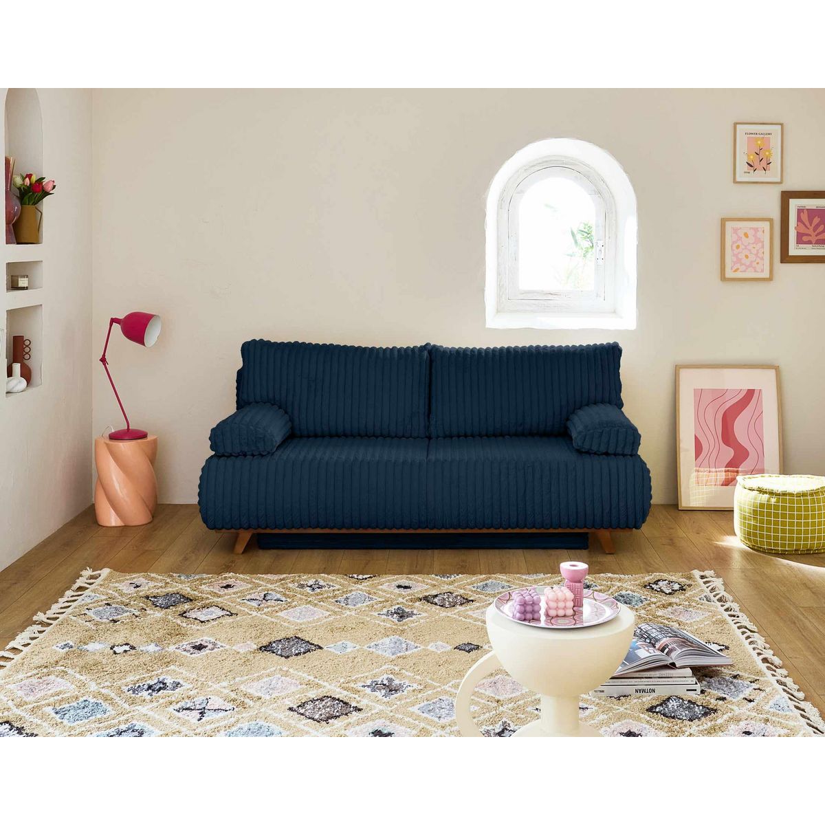 BEST MOBILIER Cristal - canapé 3 places - convertible avec coffre et pouf - en fausse fourrure côtelée