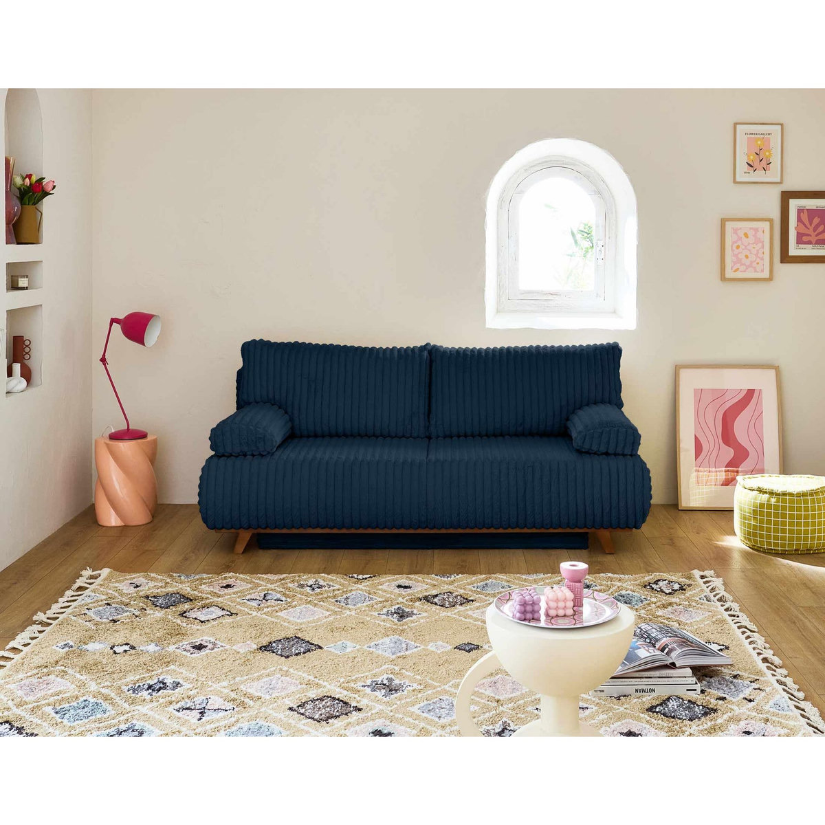 BEST MOBILIER Cristal - canapé 3 places - convertible avec coffre et pouf - en fausse fourrure côtelée