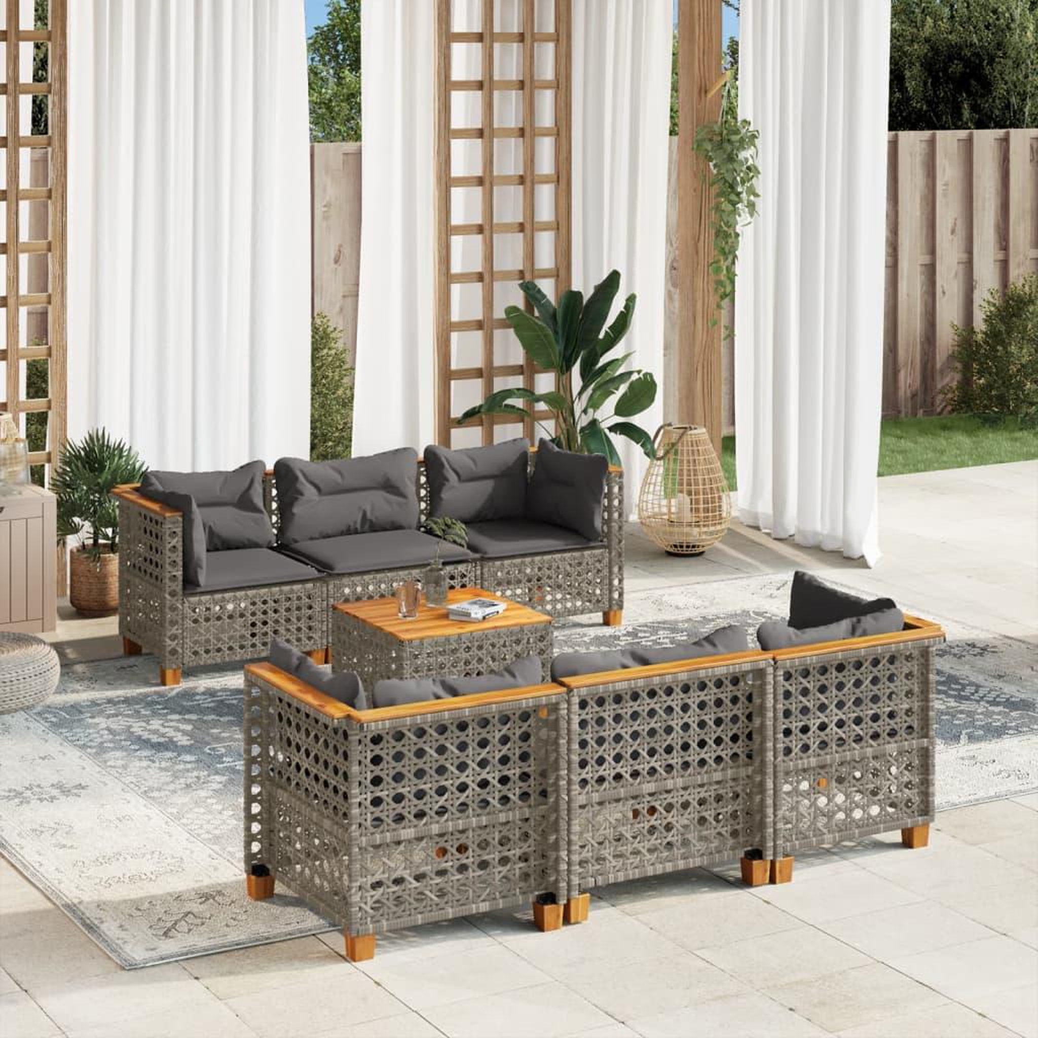VIDAXL Salon de jardin avec coussins 7 pcs gris resine tressee