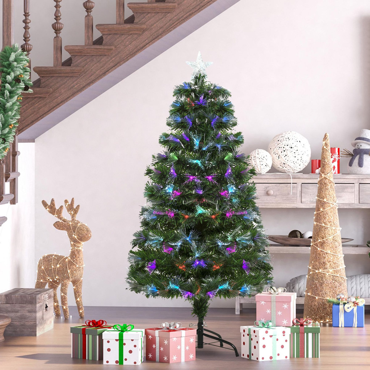HOMCOM Sapin de Noël artificiel lumineux fibre optique LED multicolore + support pied Ø 66 x 120H cm 130 branches étoile sommet brillante vert