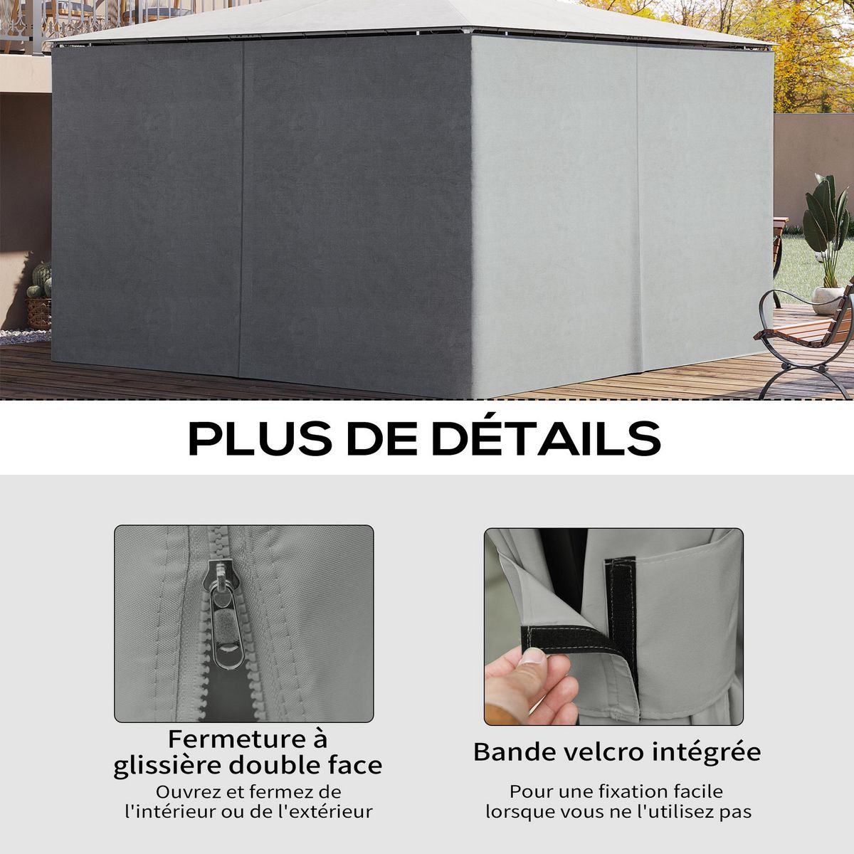 OUTSUNNY Parois latérales de rechange barnum tonnelle 3 x 4 m - 2 systèmes d'attache boucles ou crochets - bâches de rechange zippées, avec velcro d'attache - polyester gris