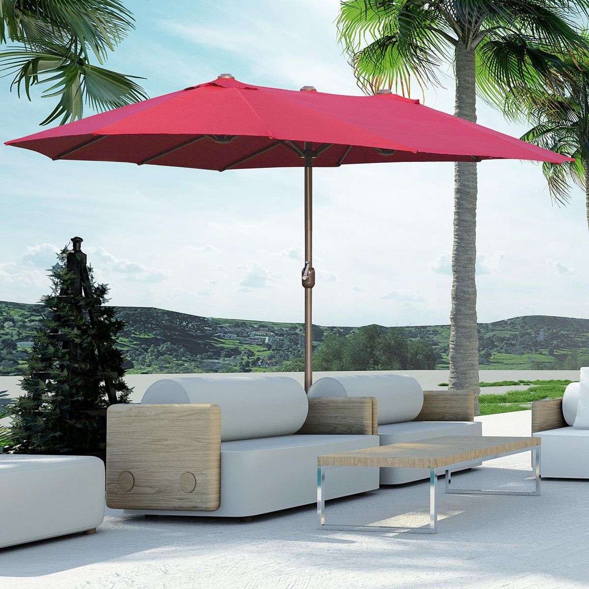 OUTSUNNY Parasol de jardin XXL dim. 4,6L x 2,7l x 2,4H m ouverture fermeture manivelle pied & contrepoids inclus acier polyester haute densité bordeaux