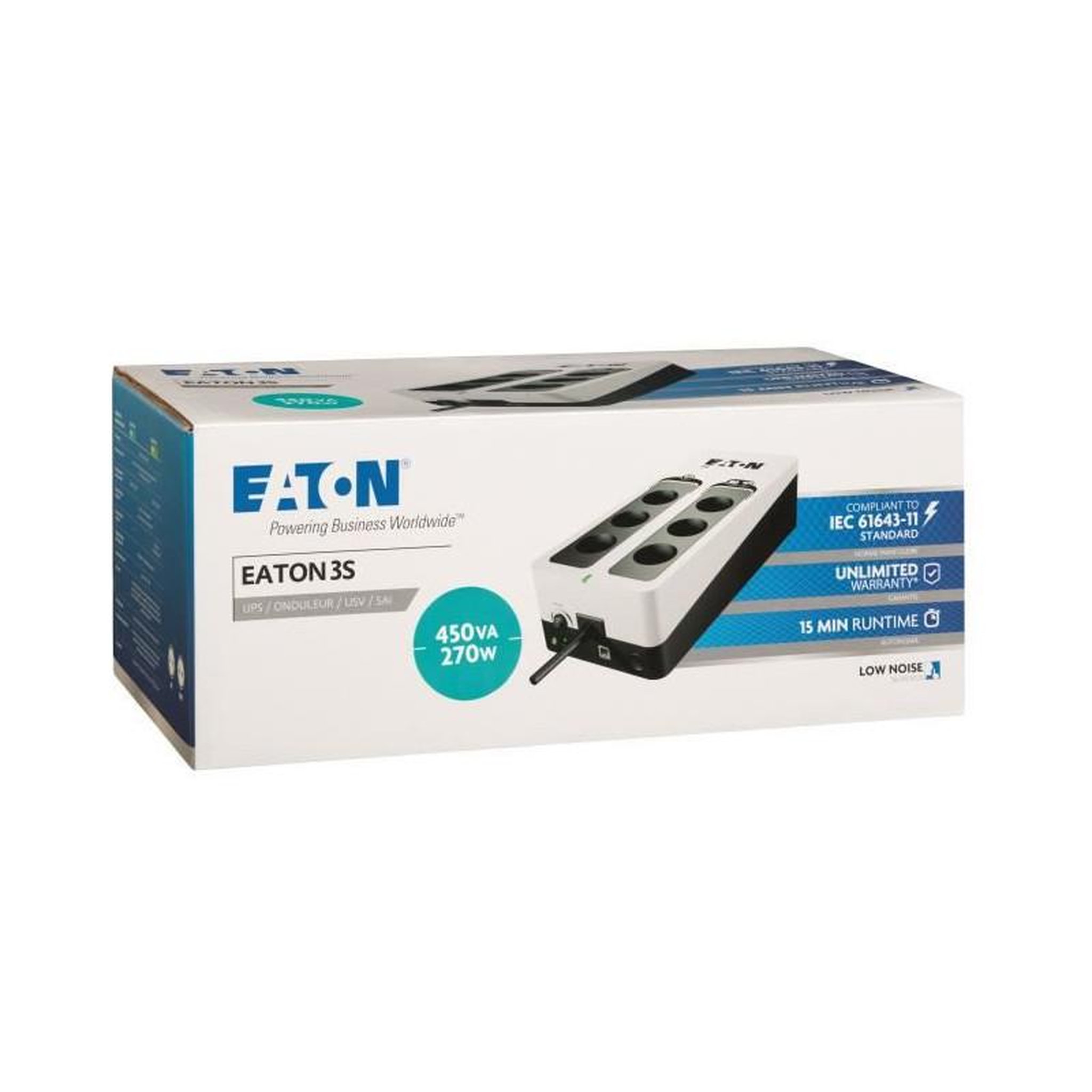 Voir la diapositive 3 : Eaton Eaton Onduleur 3S 450 FR - Off-line UPS - 3S450F - 450VA 6 prises francaises Noir/Blanc