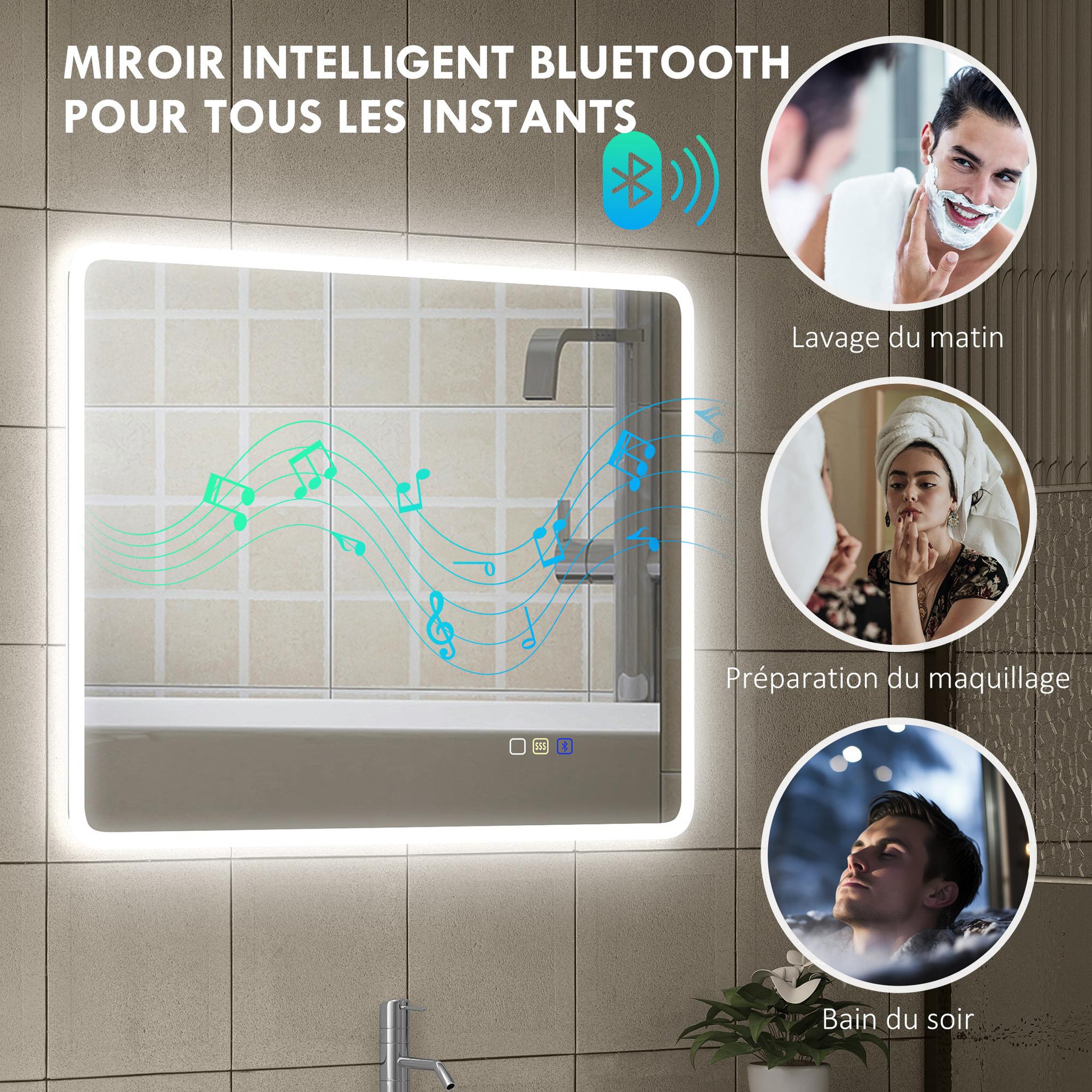 Voir la diapositive 5 : HOMCOM Miroir lumineux led salle de bain 90 x 70 cm bluetooth interrupteur tactile lumière réglable 3 couleurs fonction anti-buée et mémoire