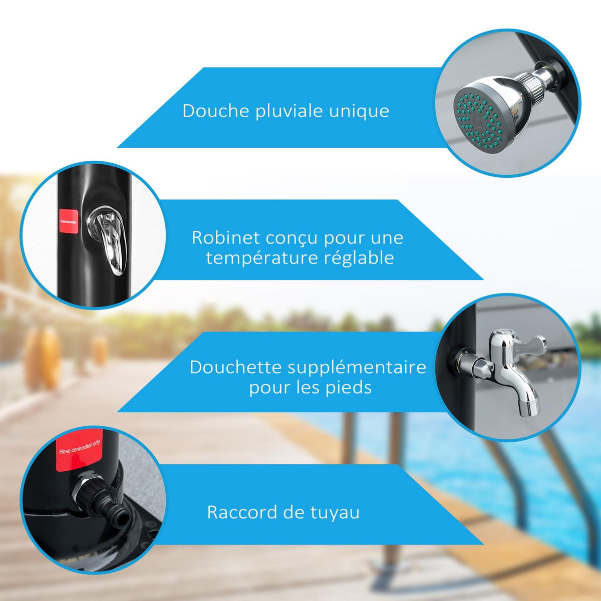 OUTSUNNY Douche solaire d'extérieur réservoir 20L pression max. 3,5 bar - mitigeur, grand pommeau orientable, robinet à pied - PVC ABS noir