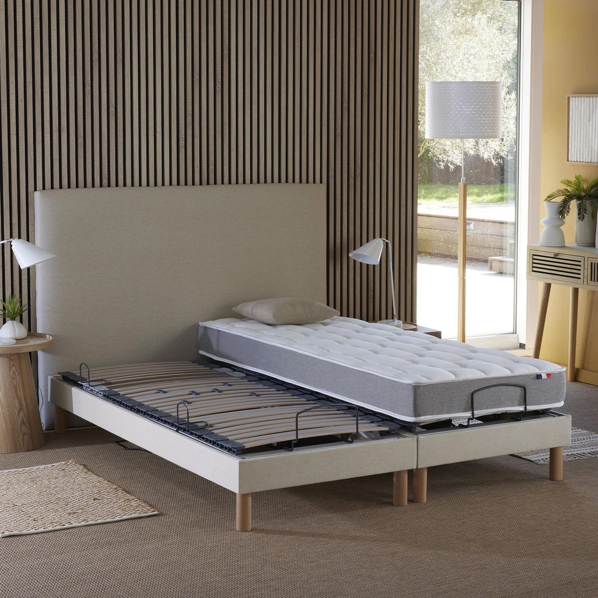 IDLITERIE Ensemble lit électrique relaxation multi lattes + Matelas Mousse à mémoire de forme Couleur - Beige, - 2x70 x 190 cm
