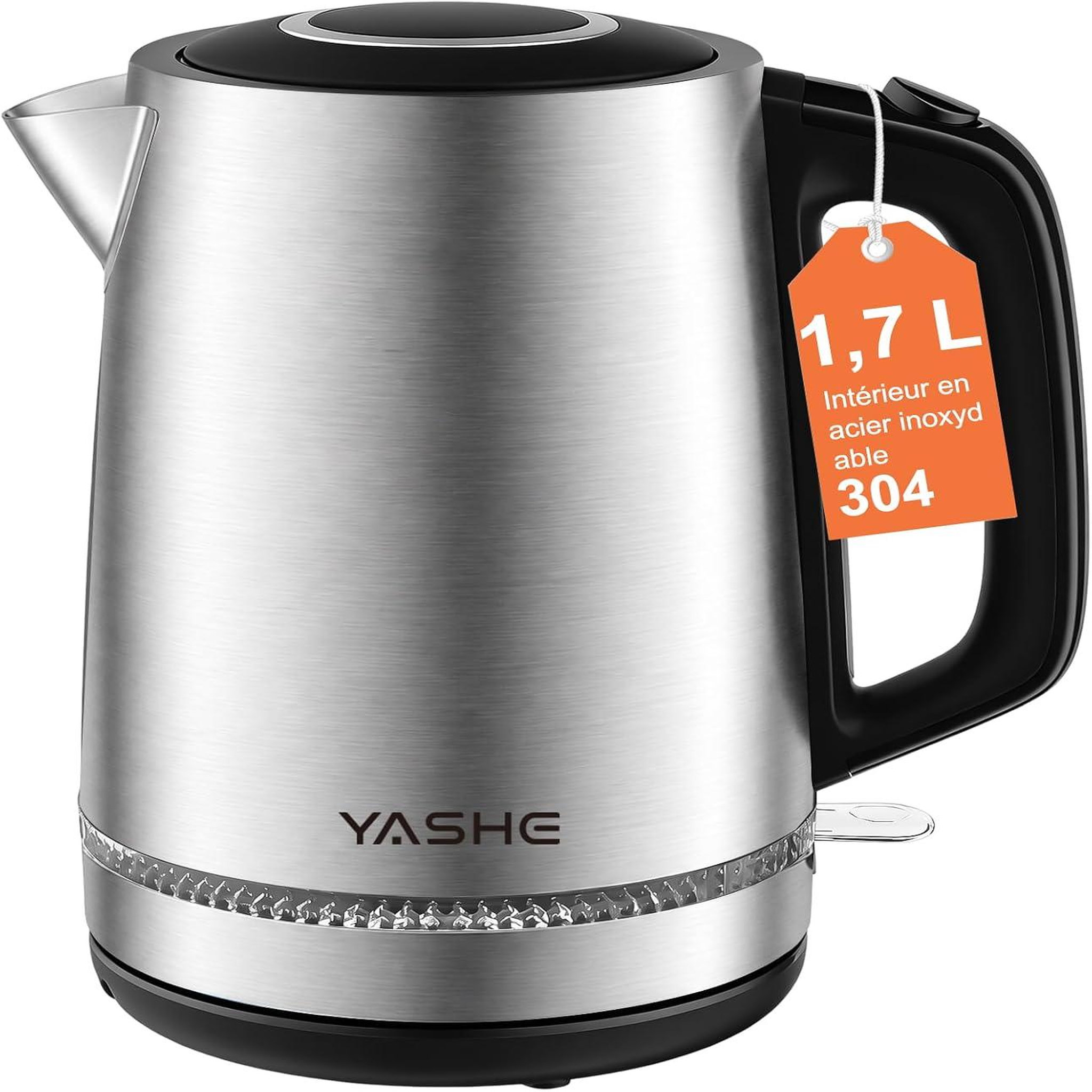YASHE Bouilloire inox, 1,7 L, 2200 W, base 360°