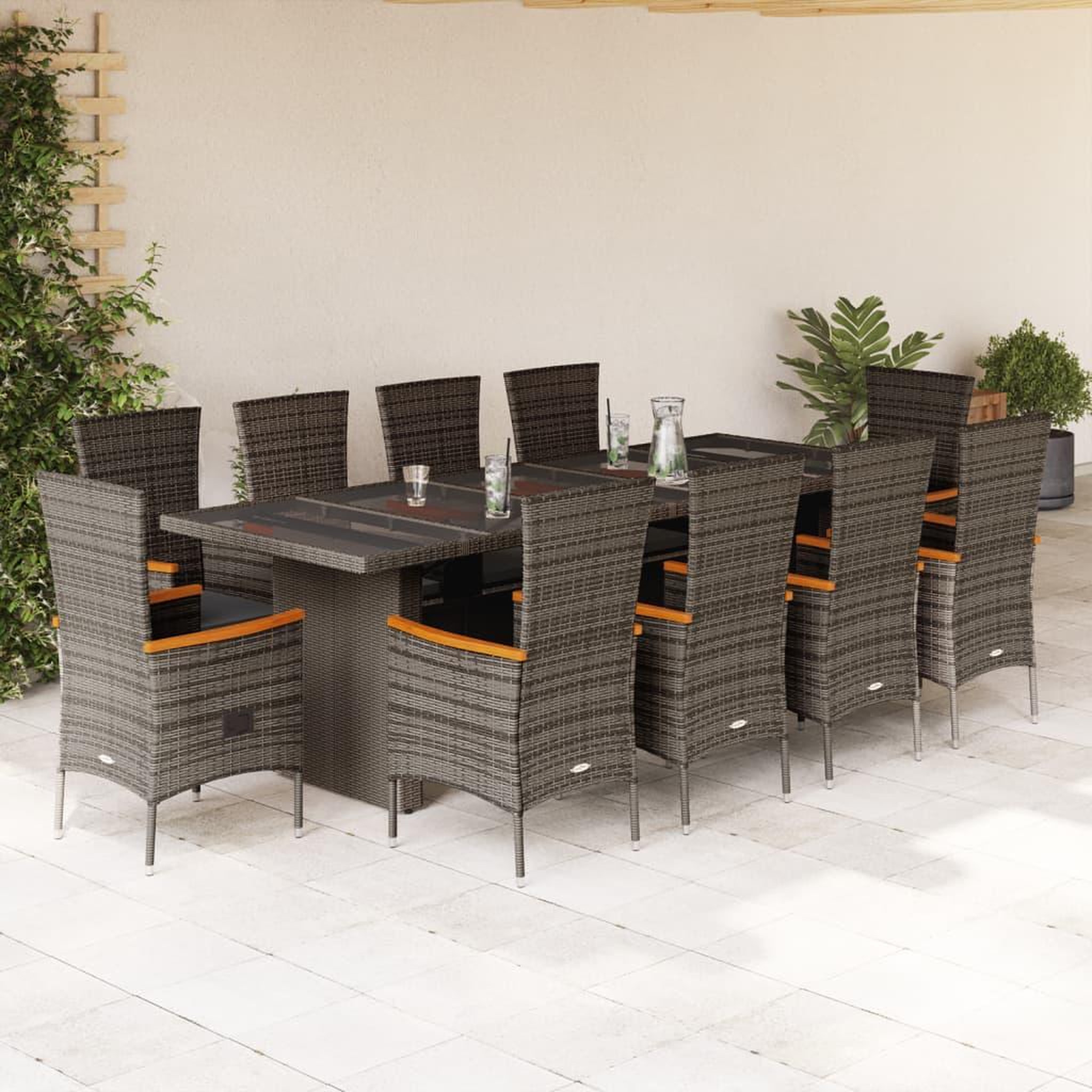 VIDAXL Ensemble a manger de jardin 11pcs avec coussins gris poly rotin