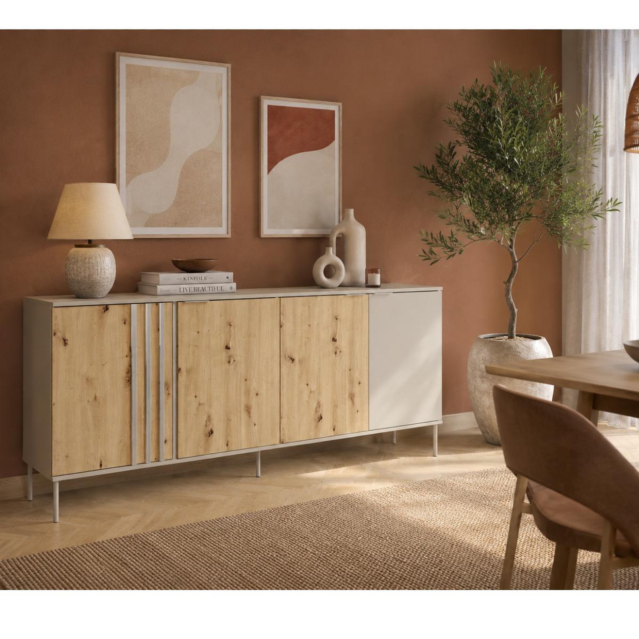 Voir la diapositive 2 : JLC KREATION Buffet bas moderne 4 portes beige et bois irina