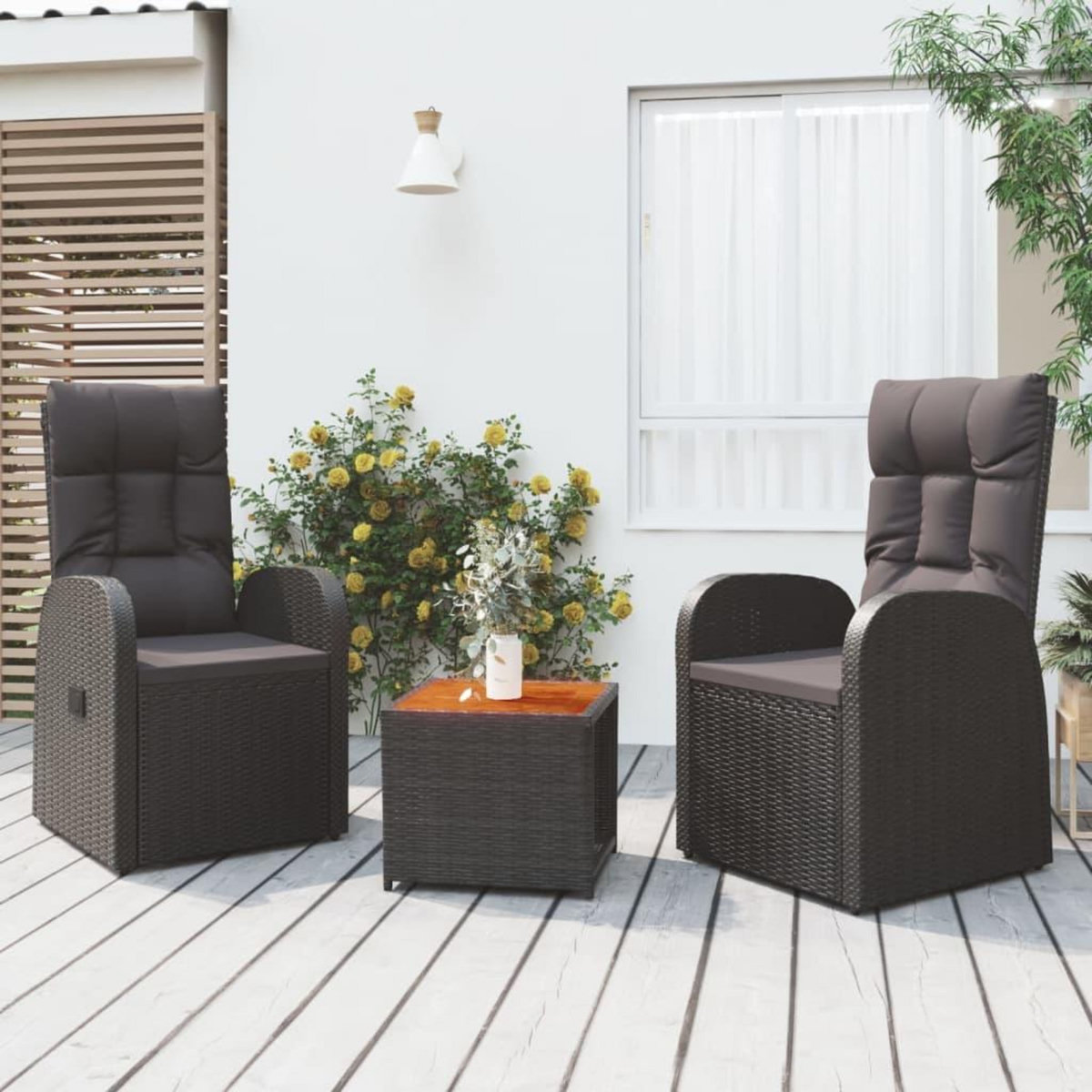 VIDAXL Ensemble de salon de jardin 3 pcs noir poly rotin et acacia