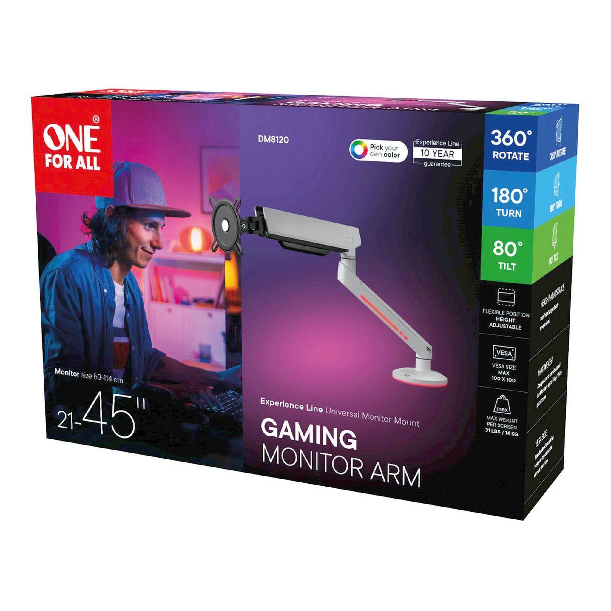 One For All Support écran pc écran 21/45'' blanc rgb inclinable