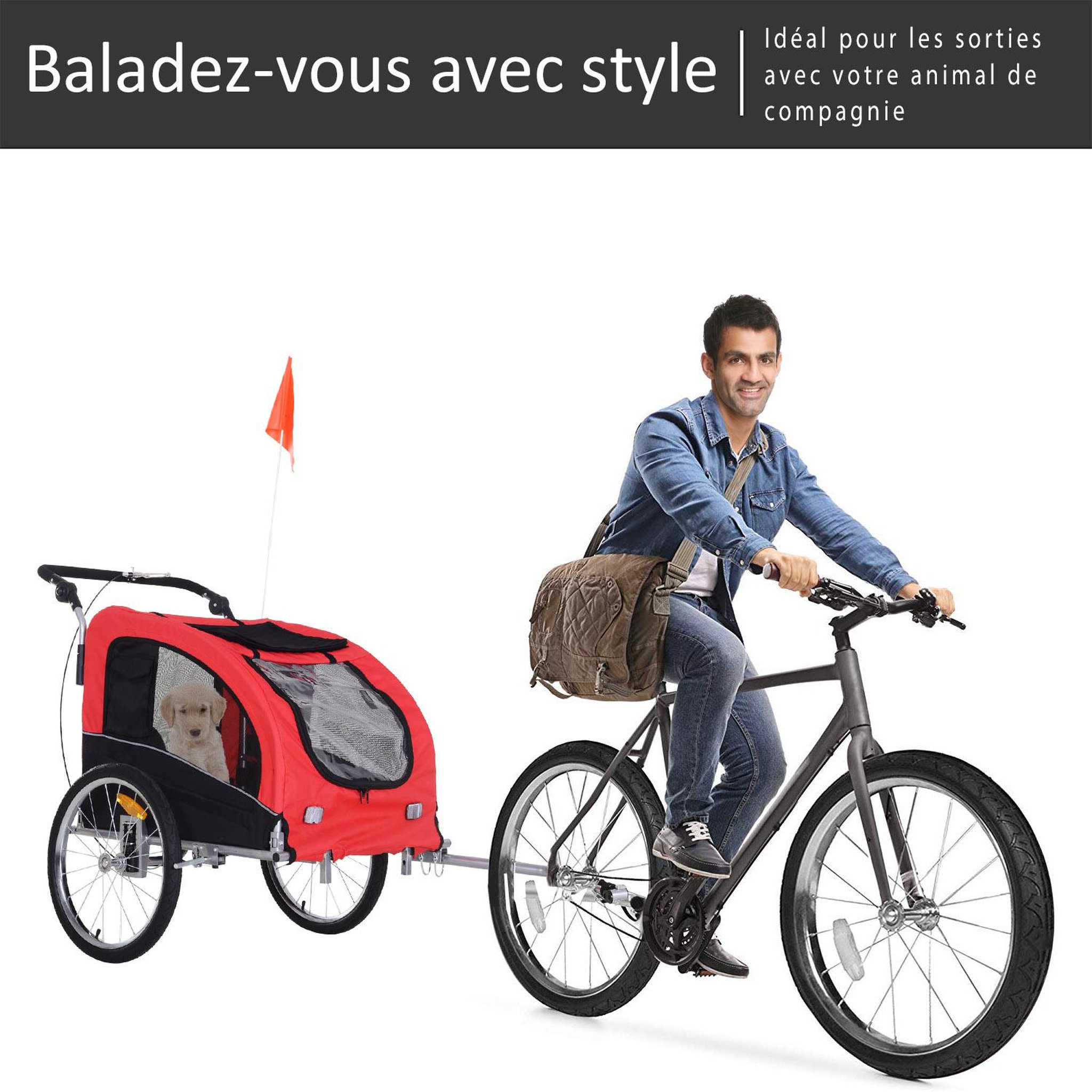 Voir la diapositive 4 : HOMCOM Remorque vélo jogger 2 en 1 pour animaux drapeau roue avant pivotante réflecteurs et barre d'attelage inclus rouge noir
