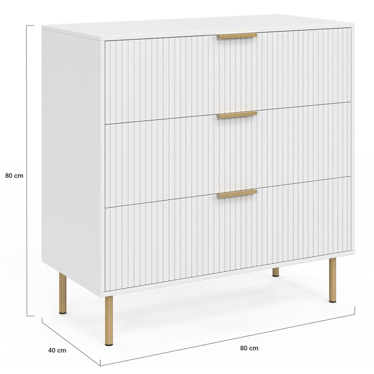 ID MARKET Commode 3 tiroirs MARCEL 80 cm lattes blanc et doré