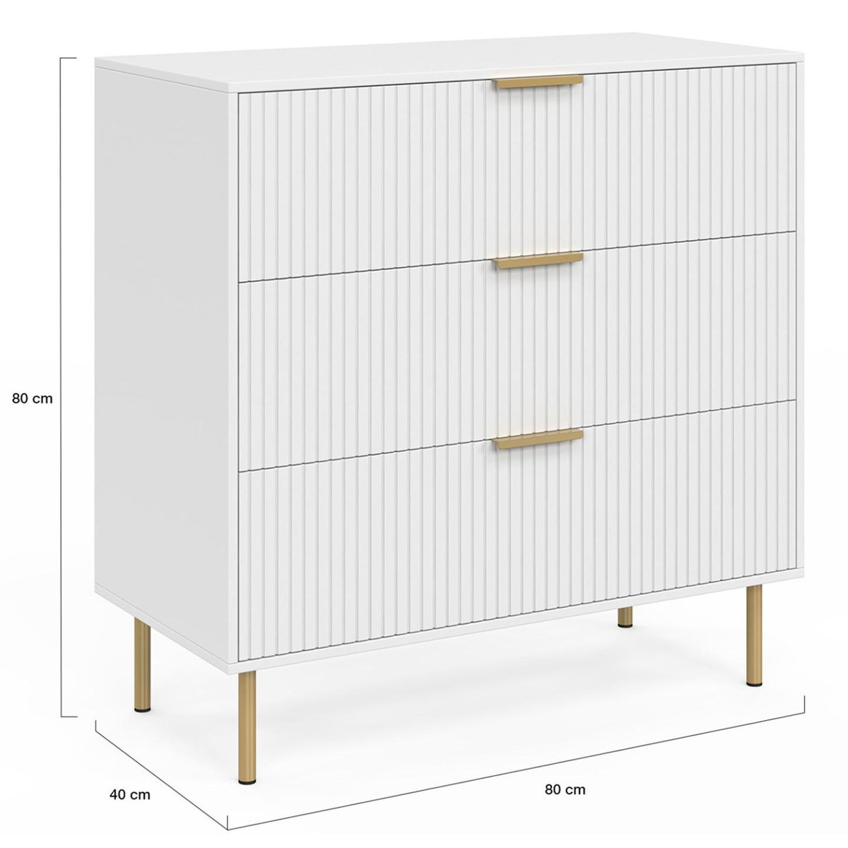 ID MARKET Commode 3 tiroirs MARCEL 80 cm lattes blanc et doré