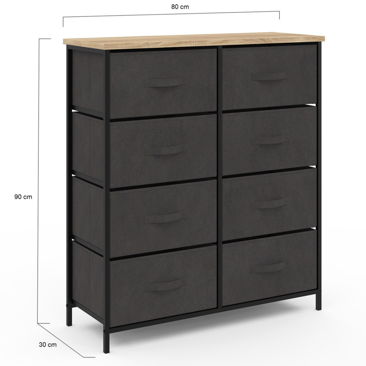 ID MARKET Commode 8 tiroirs en tissu ALTA 80 cm gris anthracite et plateau effet bois design industriel