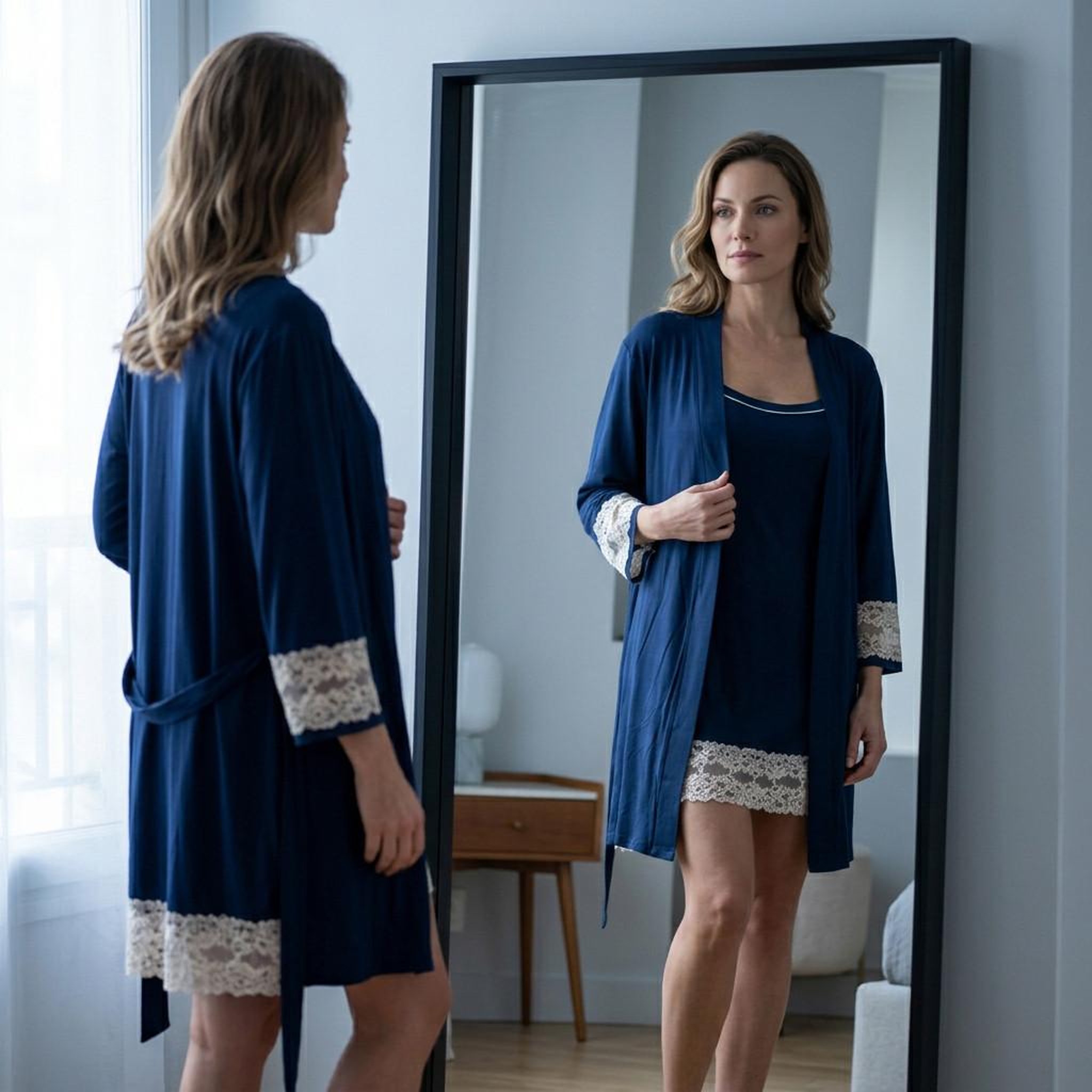 Voir la diapositive 6 : OZABI OZABI Nuisette Kimono Femme Dentelle Florale Viscose Loungewear 2 Pièces