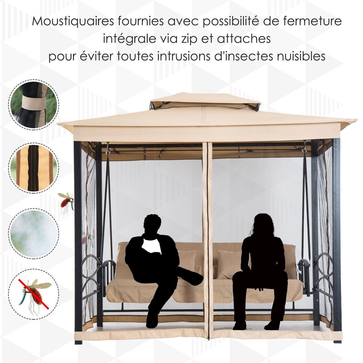 OUTSUNNY Balancelle de jardin 3 places convertible style colonial grand confort 5 coussins + matelas + moustiquaires inclus 2,56L x 1,72l x 2,48H m marron clair