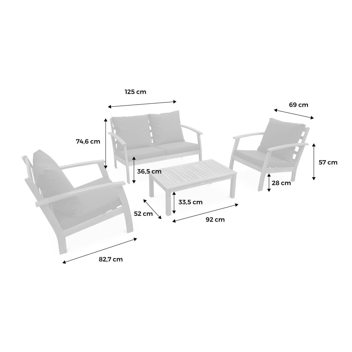 SWEEEK Salon de jardin en bois 4 places - Ushuaïa - Canapé, fauteuils et table basse en acacia, design