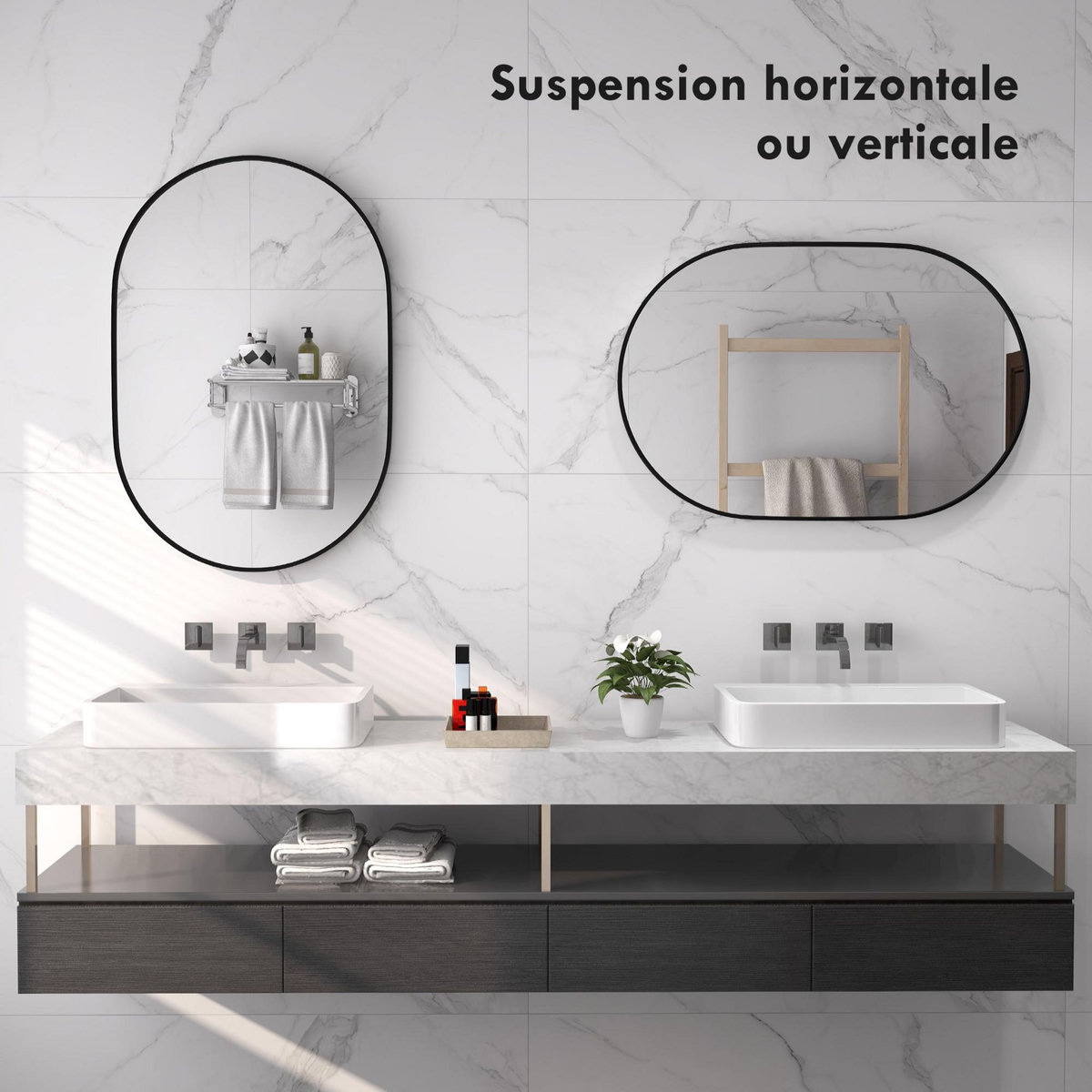 HOMCOM Miroir mural ovale dim. 60L x 90H cm cadre arrondi montage vertical/horizontal alu. noir