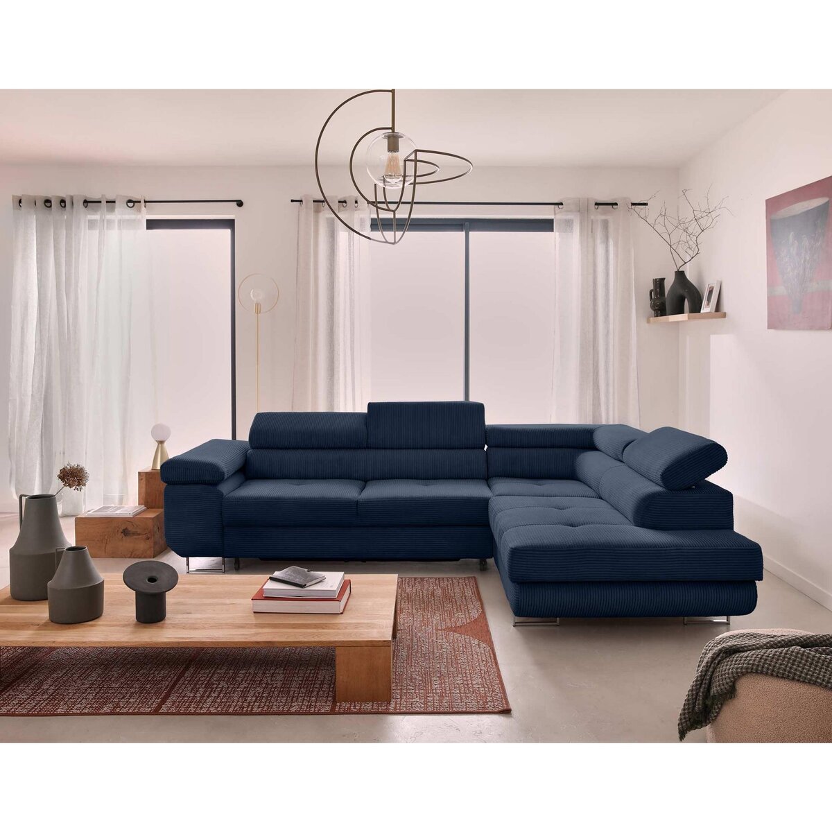 BEST MOBILIER Zaria - canapé d'angle droit - convertible avec coffre et têtières réglables - 5 places - en velours côtelé