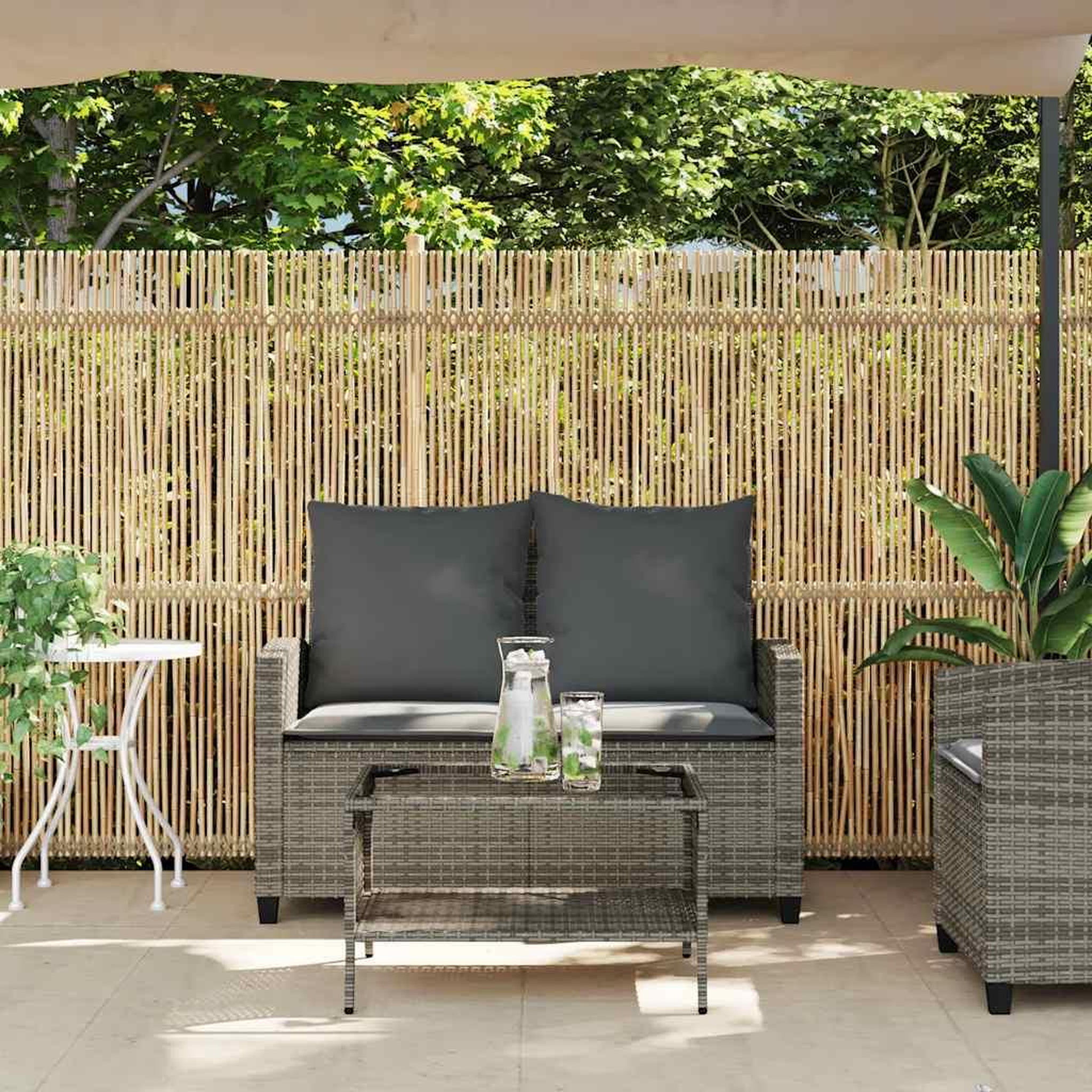 Voir la diapositive 4 : VIDAXL Canape de jardin 2 places coussins et table gris resine tressee