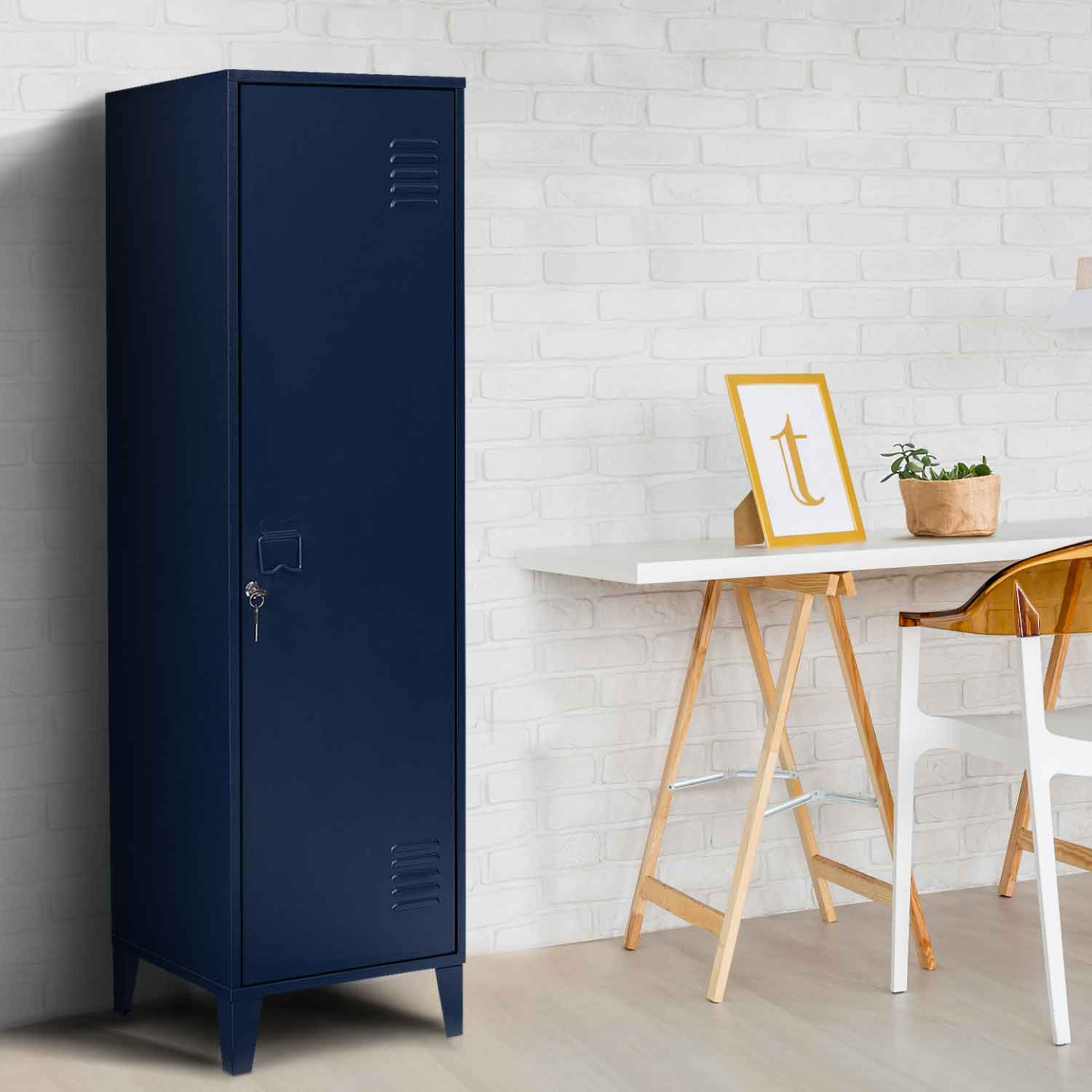 Voir la diapositive 2 : ID MARKET Armoire vestiaire ester 1 porte métal bleu foncé design industriel