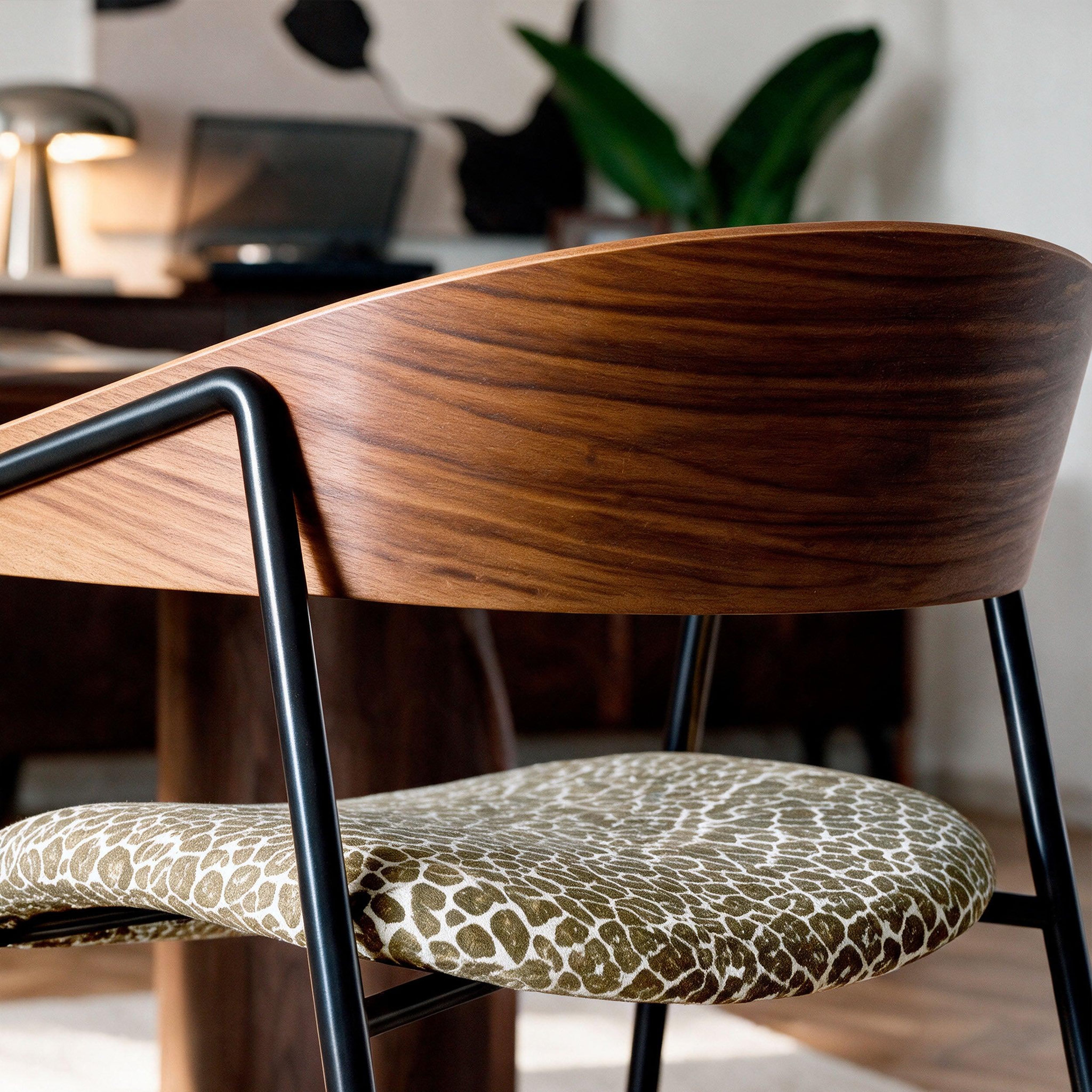 Voir la diapositive 6 : MAISON PAVANE Lot de 2 chaises en tissu léopard vert kaki et bois de noyer-Esmée
