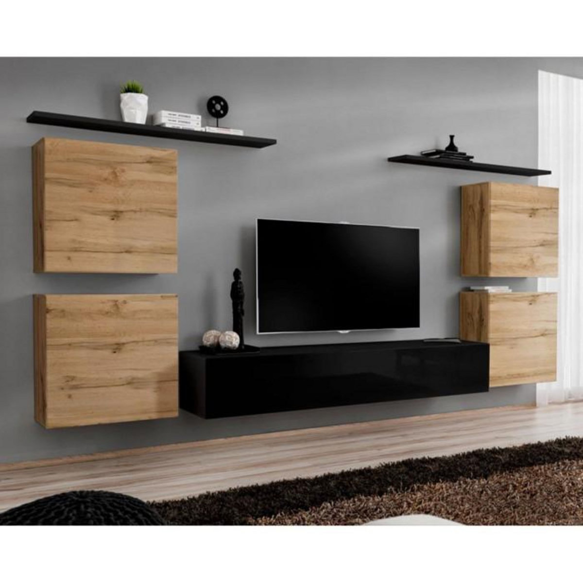 Paris Prix Meuble TV Mural Design  Switch IV  320cm Naturel & Noir