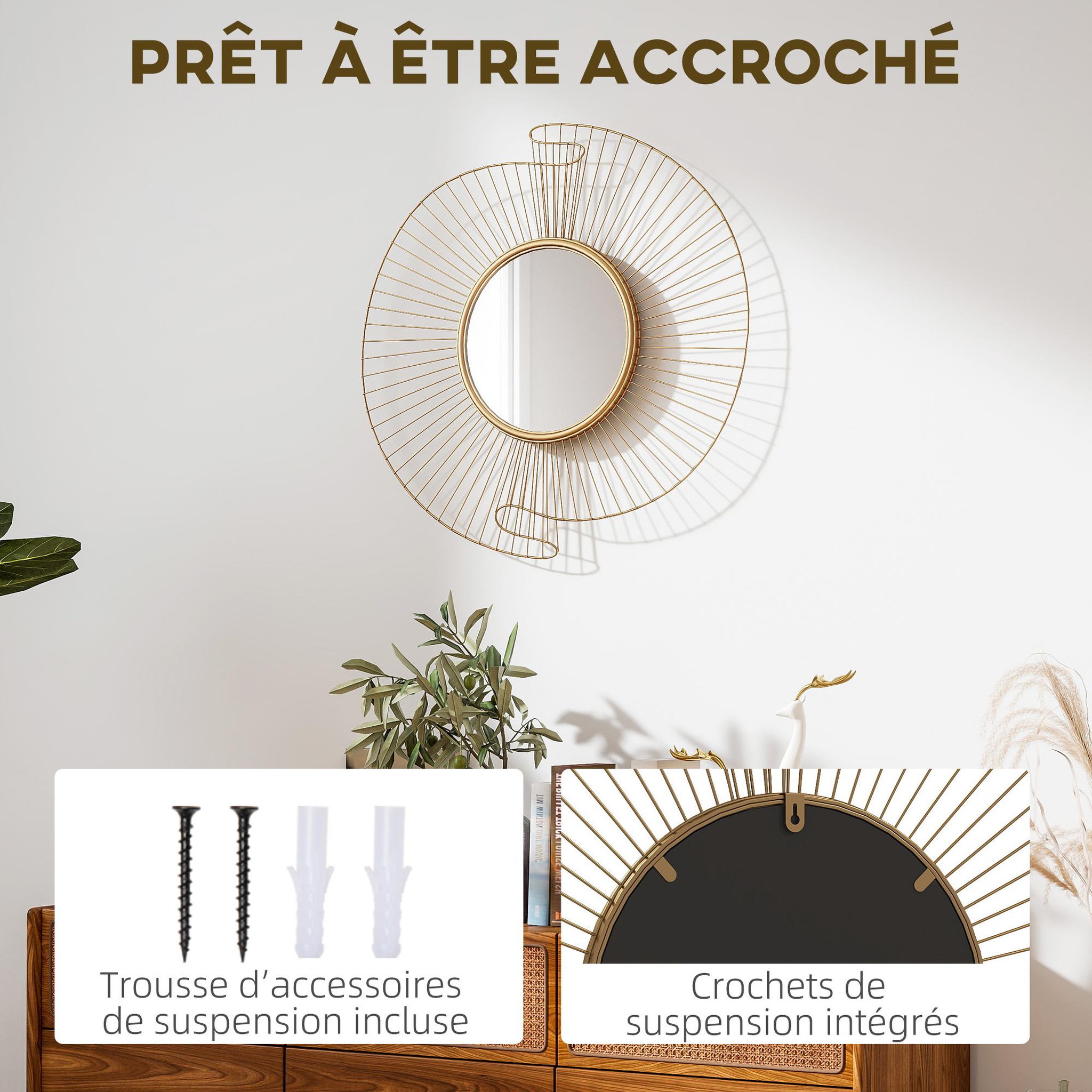 Voir la diapositive 5 : HOMCOM Miroir mural décoratif dia. 60 cm inspiration Art Déco métal doré