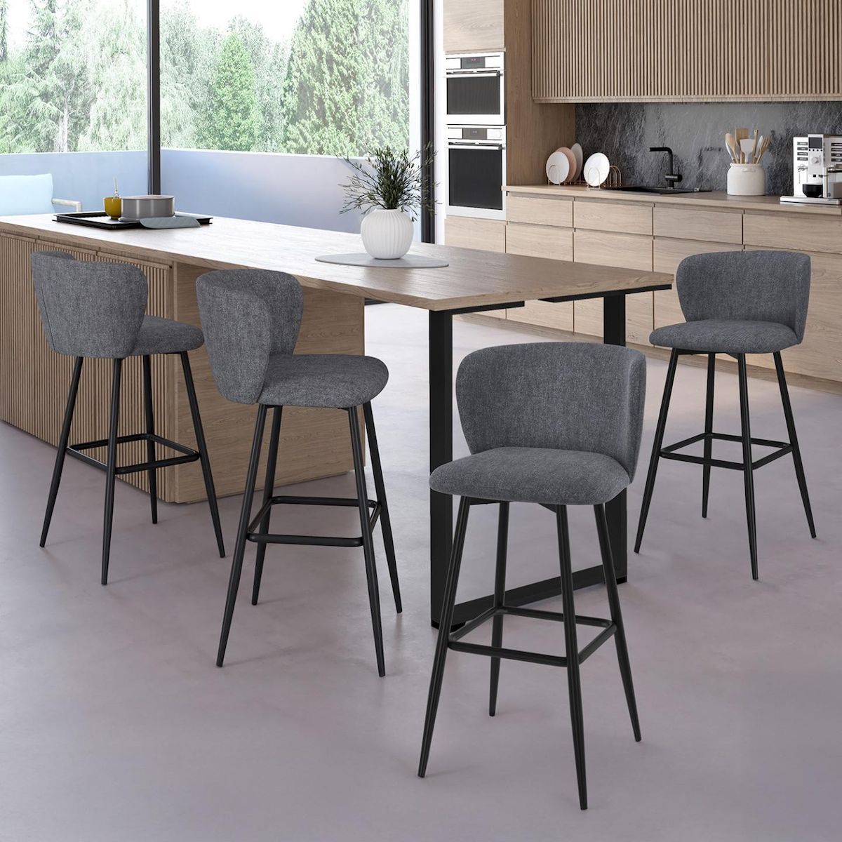 ID MARKET Lot de 4 tabourets de bar OMBLINE assise en tissu gris foncé et pieds en métal noir